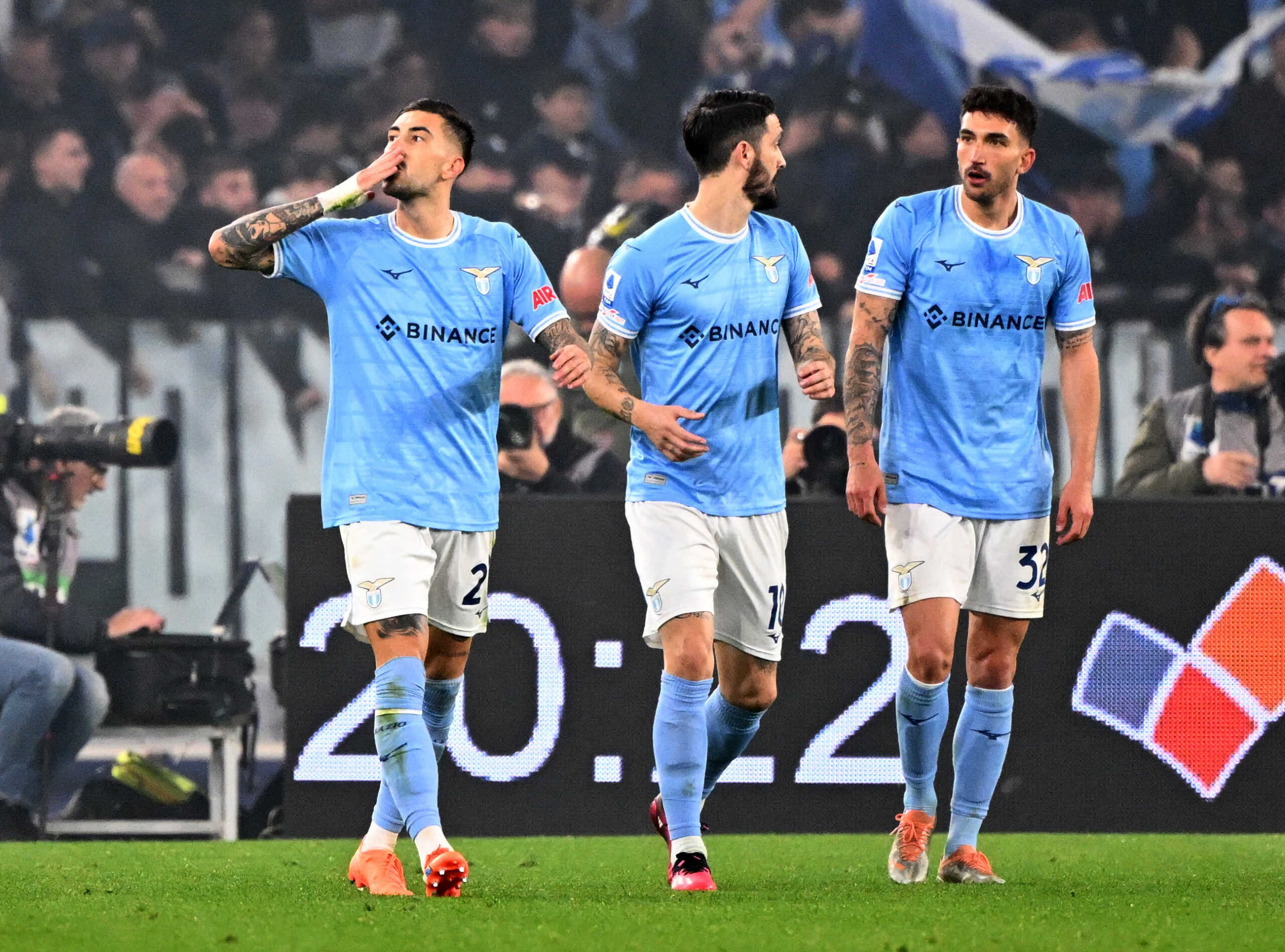 Soccer Football - Serie A - Lazio v AS Roma - Stadio Olimpico, Rome, Italy - March 19, 2023 Lazio's Mattia Zaccagni celebrates scoring their first goal with Luis Alberto and Danilo Cataldi REUTERS