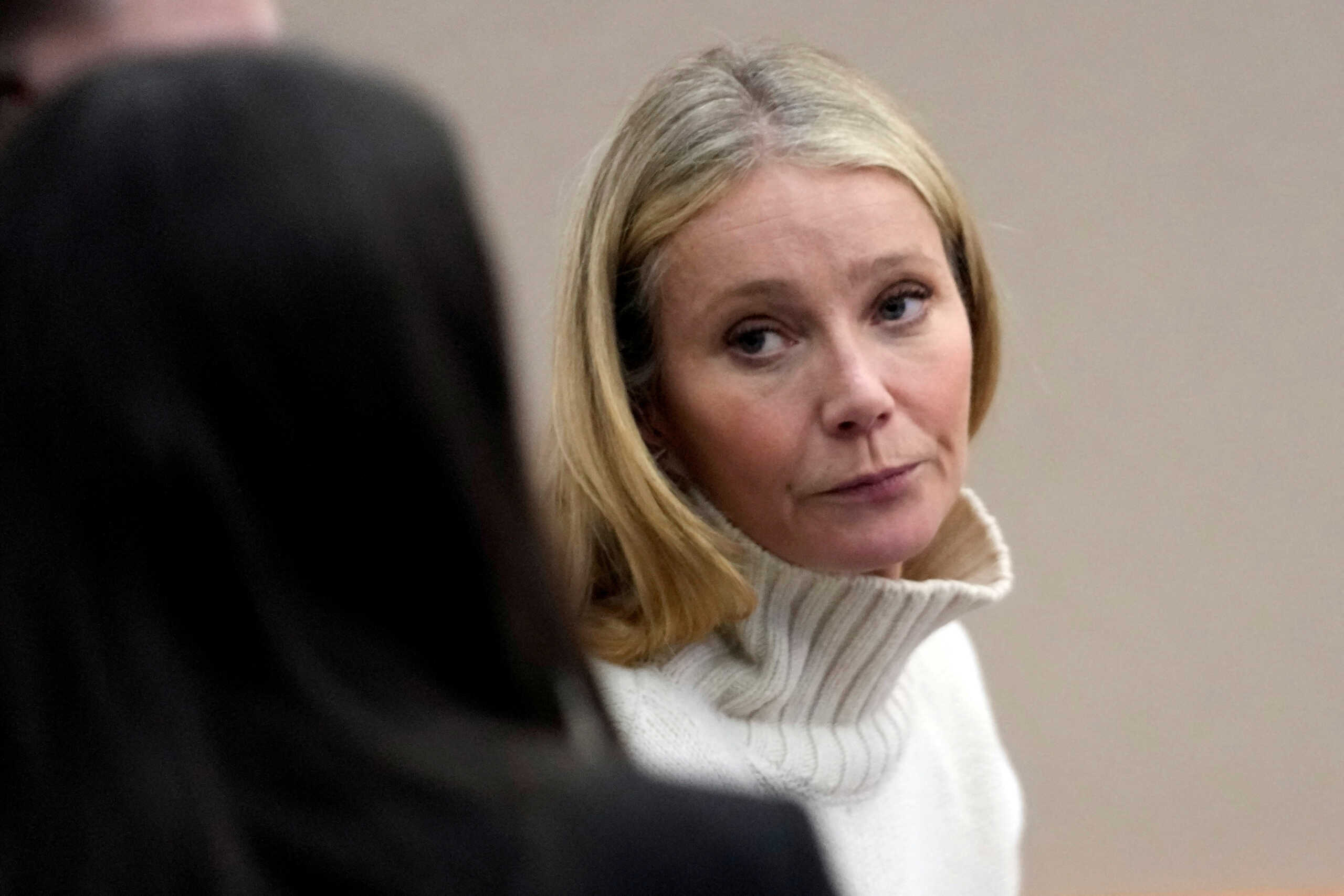 Actor Gwyneth Paltrow looks on before leaving the courtroom where she is accused in a lawsuit of crashing into a skier during a 2016 family ski vacation, leaving him with brain damage and four broken ribs, in Park City, Utah, March 21, 2023. Rick Bowmer