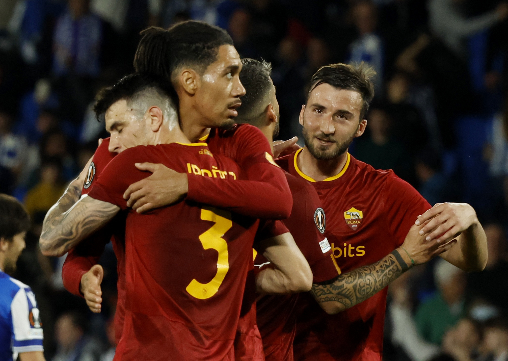 Soccer Football - Europa League - Round of 16 - Second Leg - Real Sociedad v AS Roma - Reale Arena, San Sebastian, Spain - March 16, 2023 AS Roma's Chris Smalling and Roger Ibanez celebrate after the match REUTERS