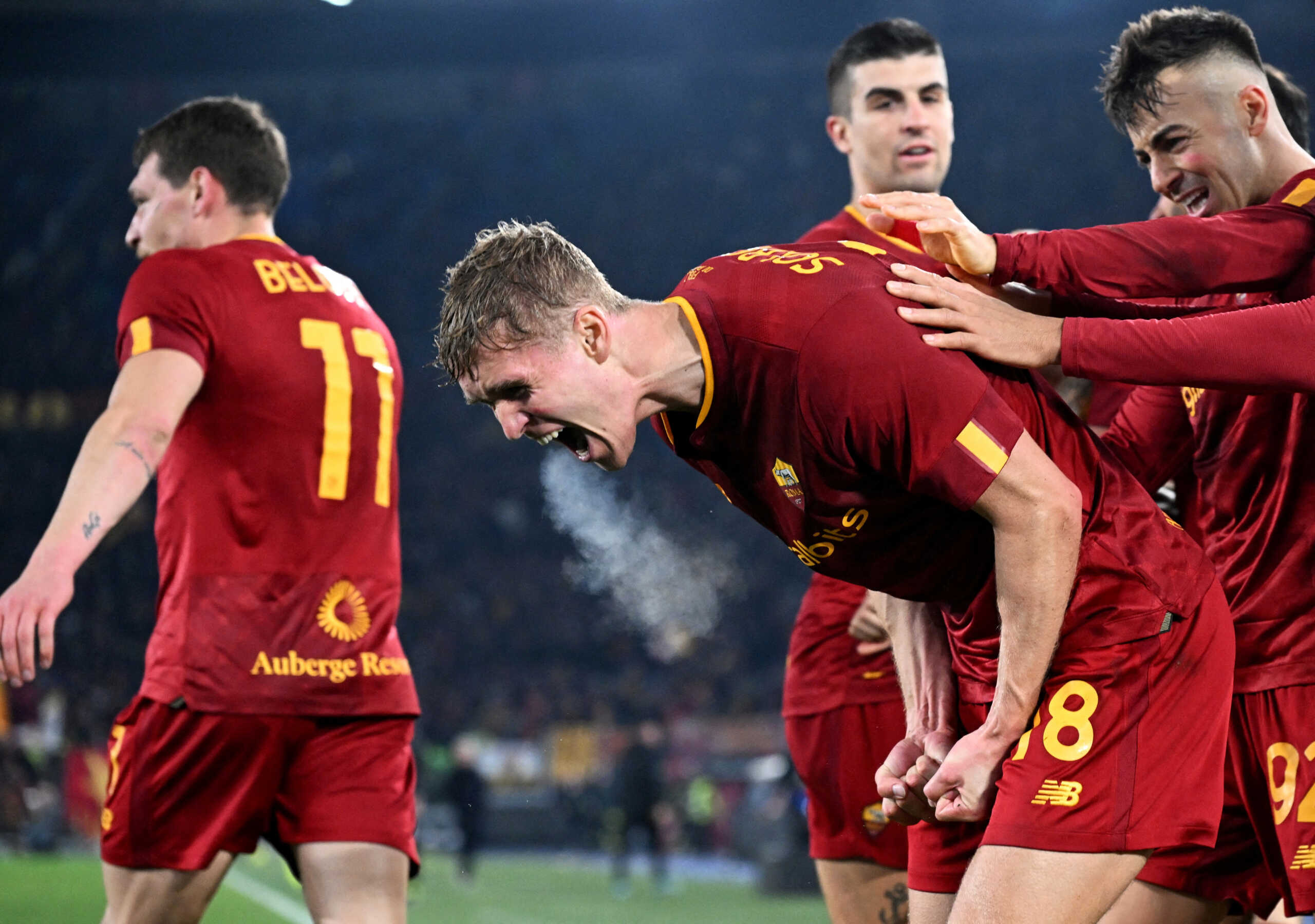 Soccer Football - Serie A - AS Roma v Hellas Verona - Stadio Olimpico, Rome, Italy - February 19, 2023 AS Roma's Ola Solbakken celebrates scoring their first goal with Stephan El Shaarawy REUTERS