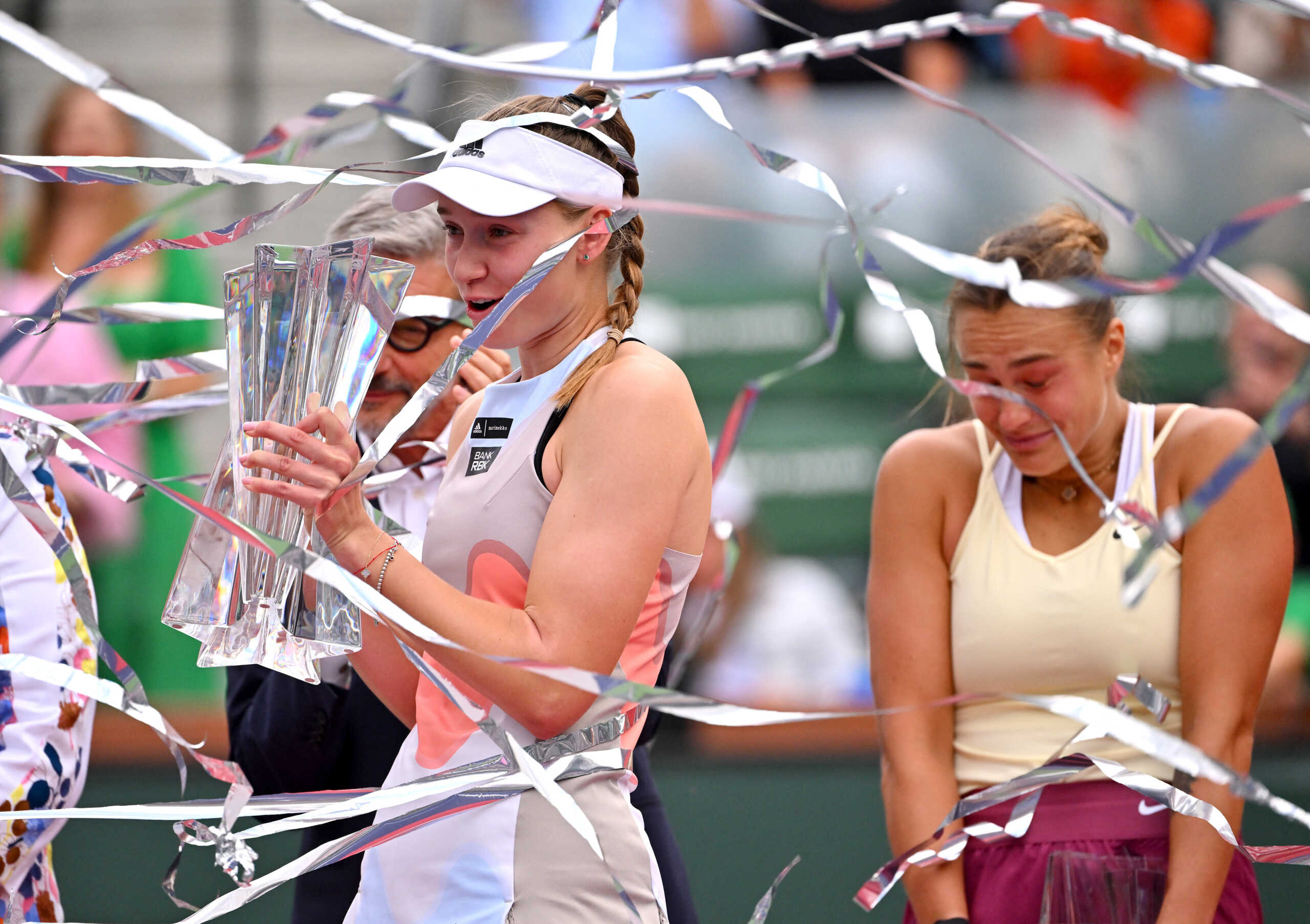 Mar 19, 2023; Indian Wells, CA, USA; Elena Rybakina (KAZ) holds the championship trophy after defeating Aryna Sabalenka in the women’s final of the BNP Paribas Open at the Indian Wells Tennis Garden. Mandatory Credit: Jayne Kamin-Oncea-USA TODAY Sports