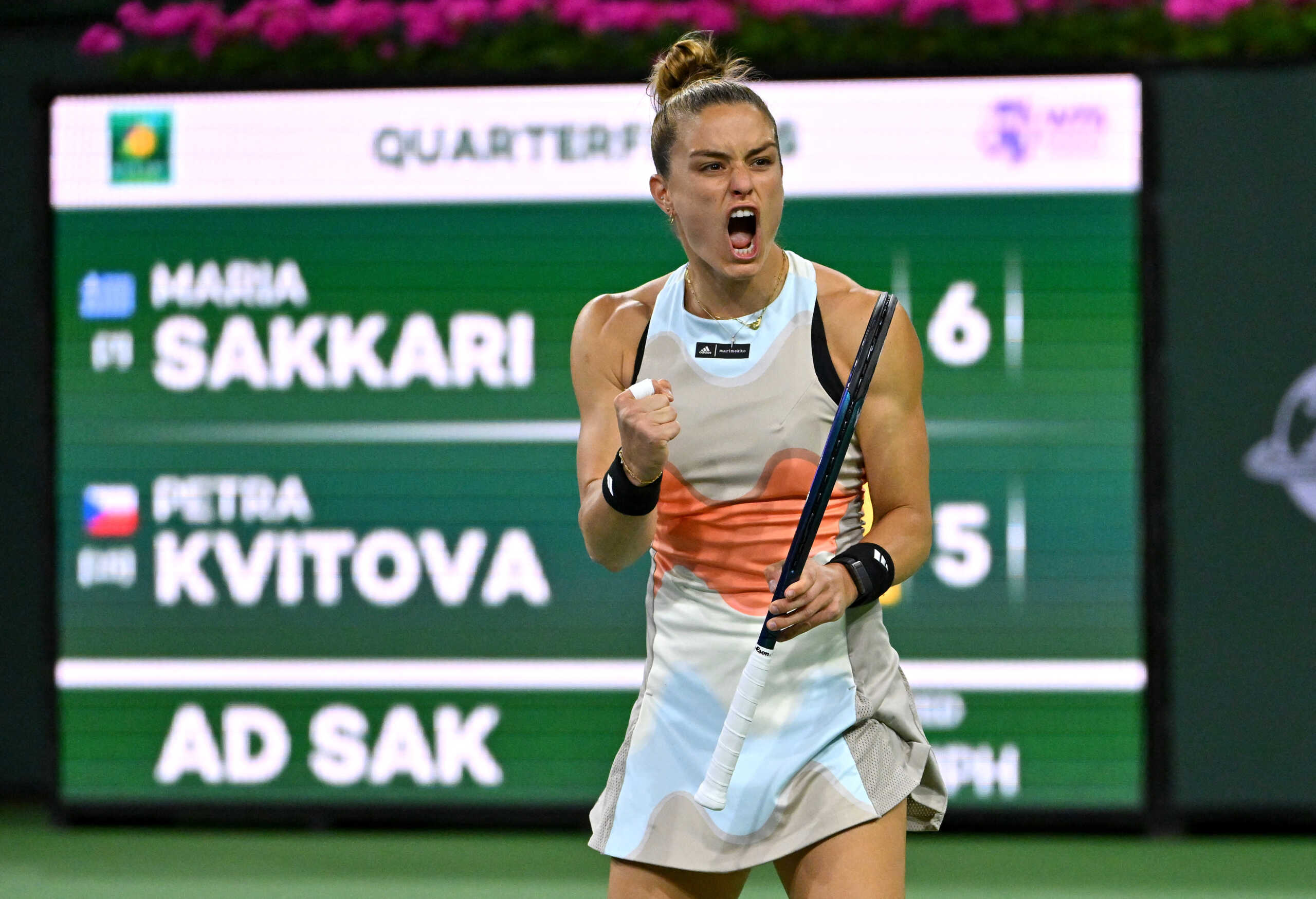 Mar 15, 2023; Indian Wells, CA, USA;  Maria Sakkari (GRE) celebrates after winning the second set of the quarterfinal match defeating Petra Kvitova (CZE) in the BNP Paribas Open at the Indian Wells Tennis Garden. Mandatory Credit: Jayne Kamin-Oncea-USA TODAY Sports