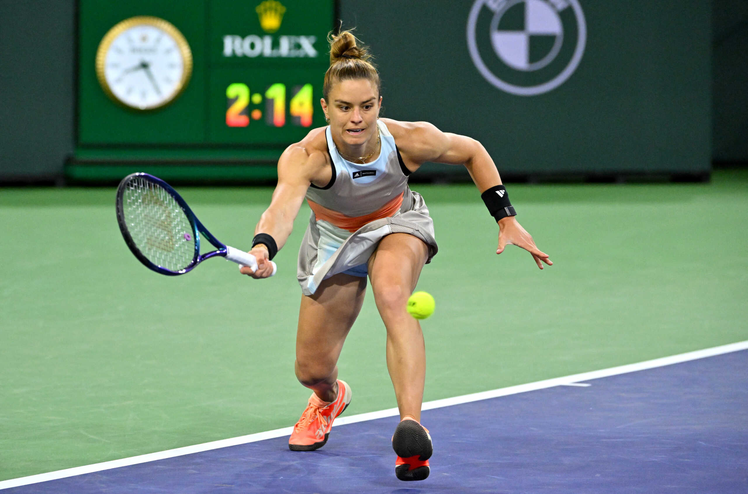 Mar 15, 2023; Indian Wells, CA, USA;  Maria Sakkari (GRE) hits a shot as she defeated Petra Kvitova (CZE) in the quarterfinal match in the BNP Paribas Open at the Indian Wells Tennis Garden. Mandatory Credit: Jayne Kamin-Oncea-USA TODAY Sports