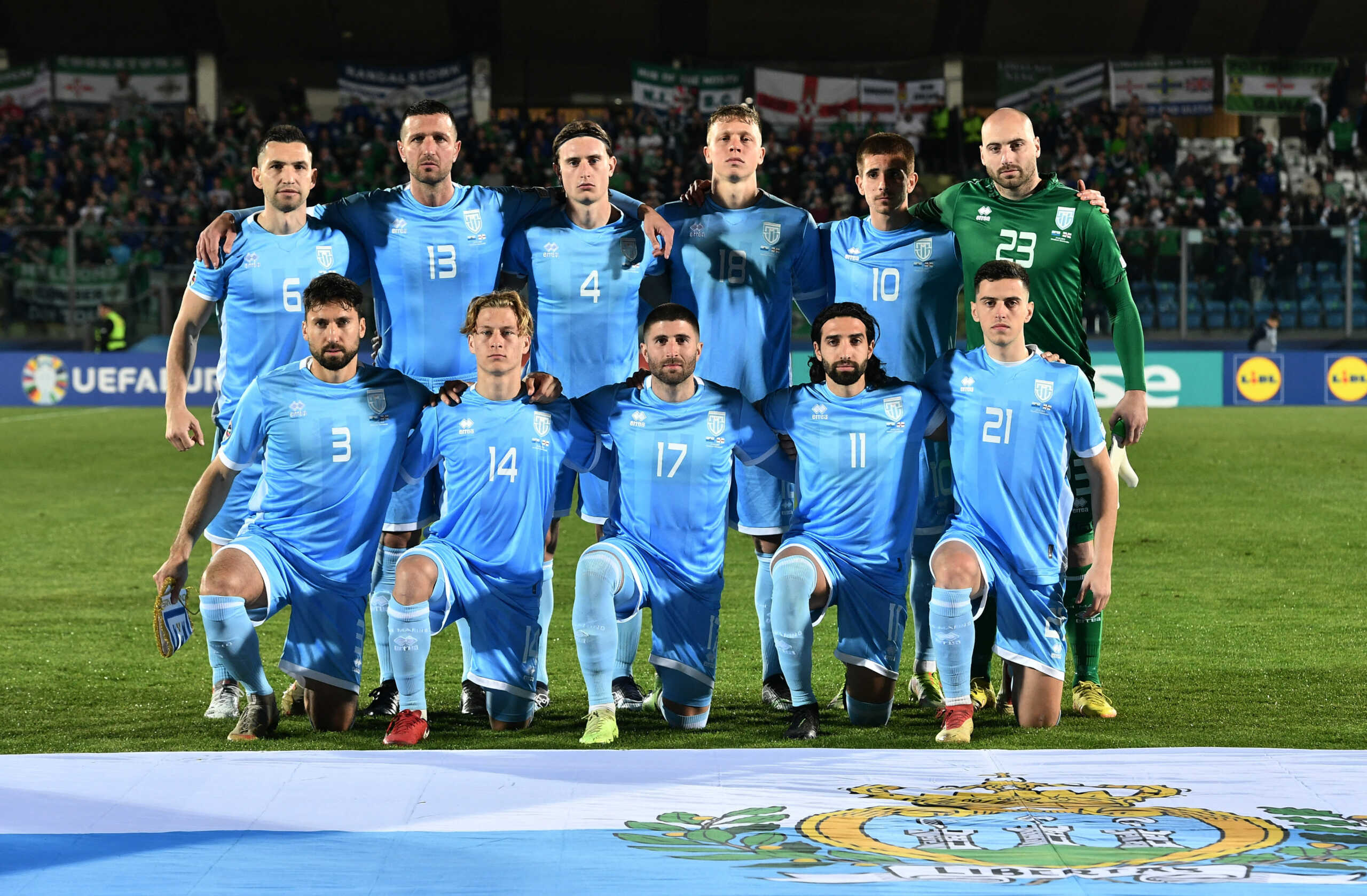 Soccer Football - UEFA Euro 2024 Qualifiers - Group H - San Marino v Northern Ireland - San Marino Stadium, Serravalle, San Marino - March 23, 2023 San Marino players pose for a team group photo before the match REUTERS