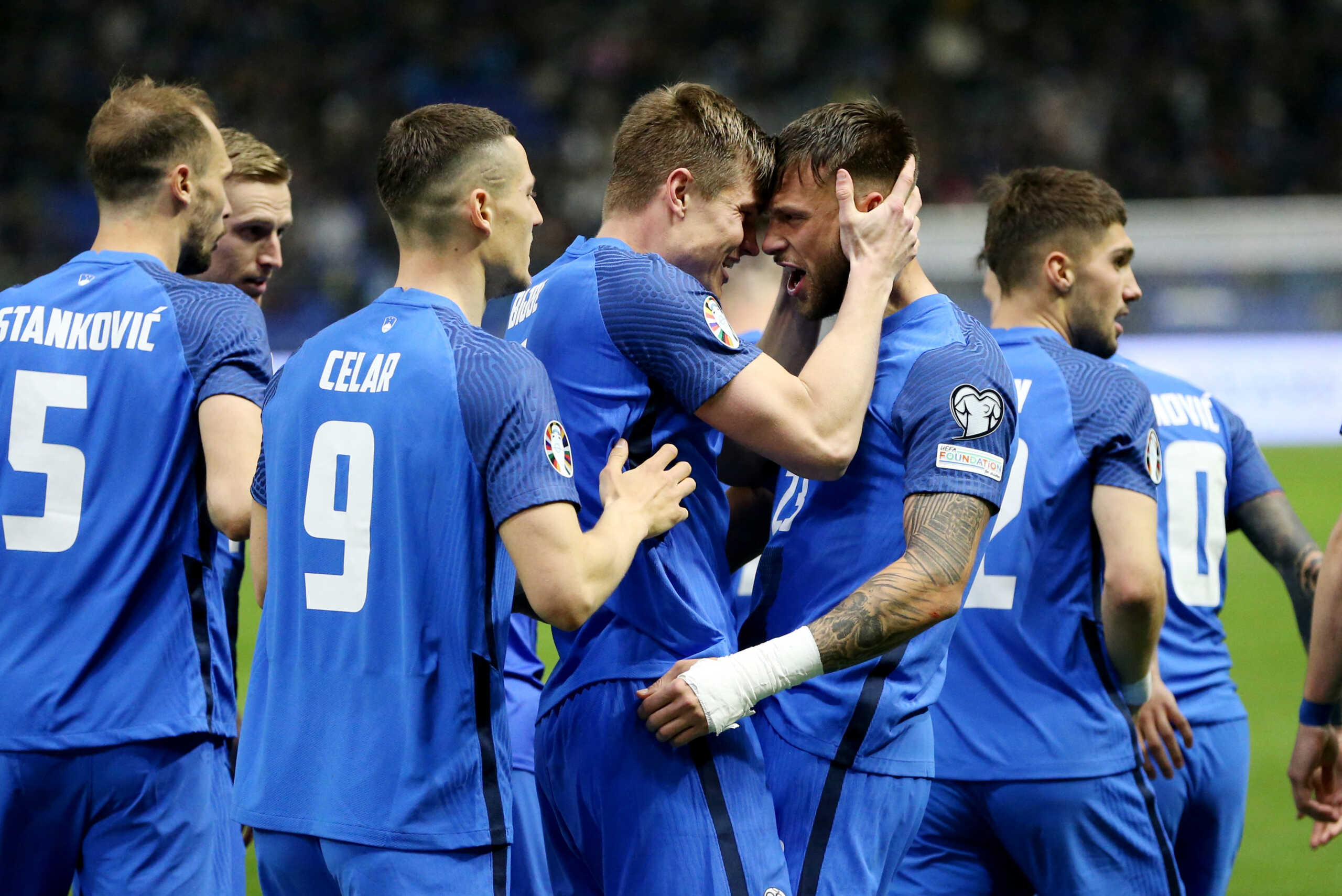 Soccer Football - UEFA Euro 2024 Qualifiers - Group H - Kazakhstan v Slovenia - Astana Arena, Astana, Kazakhstan - March 23, 2023 Slovenia's David Brekalo celebrates scoring their first goal with teammates REUTERS