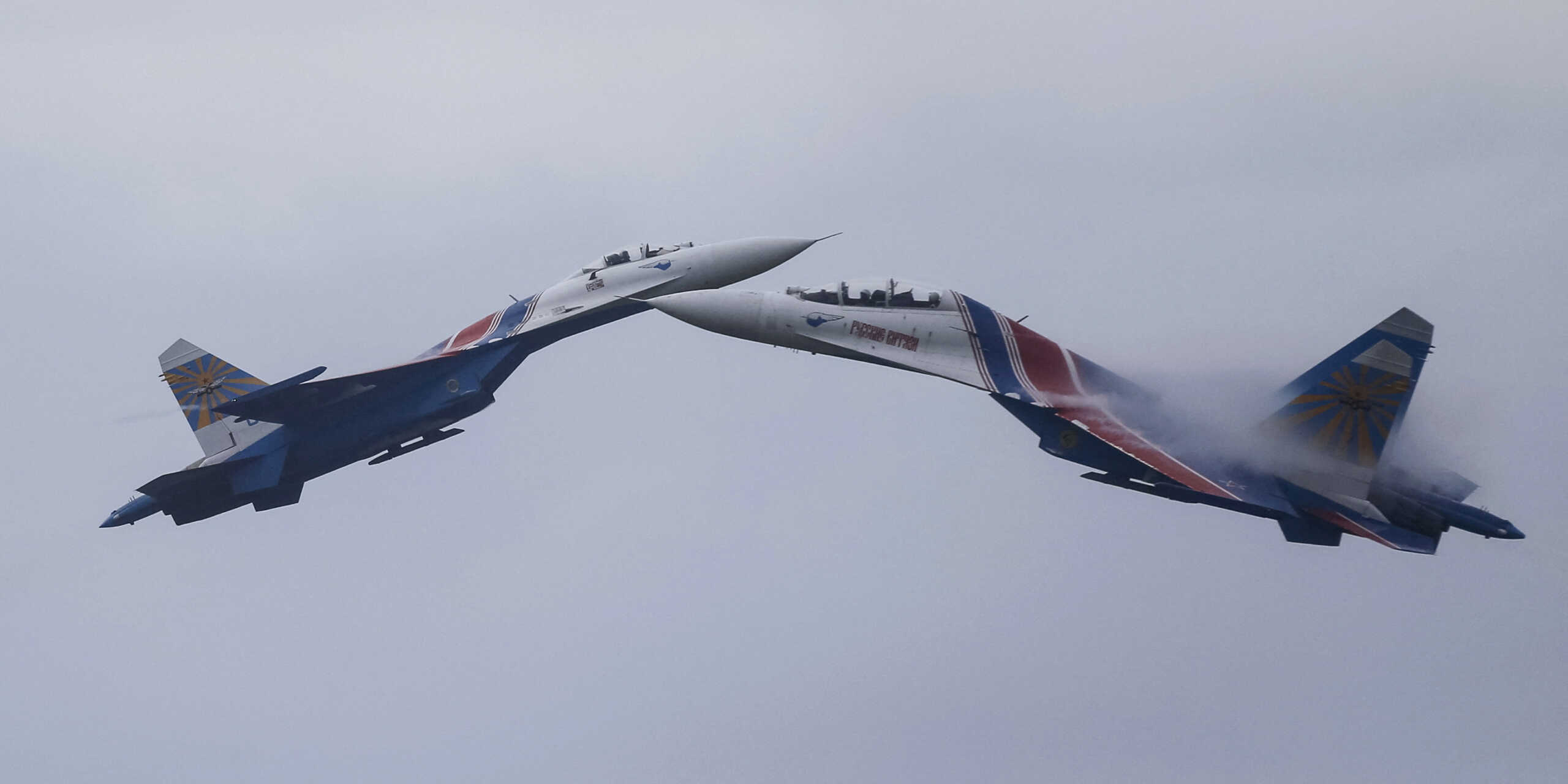 FILE PHOTO: Sukhoi Su-27 Flanker fighters of the Russkiye Vityazi (Russian Knights) aerobatic display team perform during a demonstration flight at the opening ceremony of the International Army Games in Alabino, outside Moscow, Russia, August 1, 2015. REUTERS