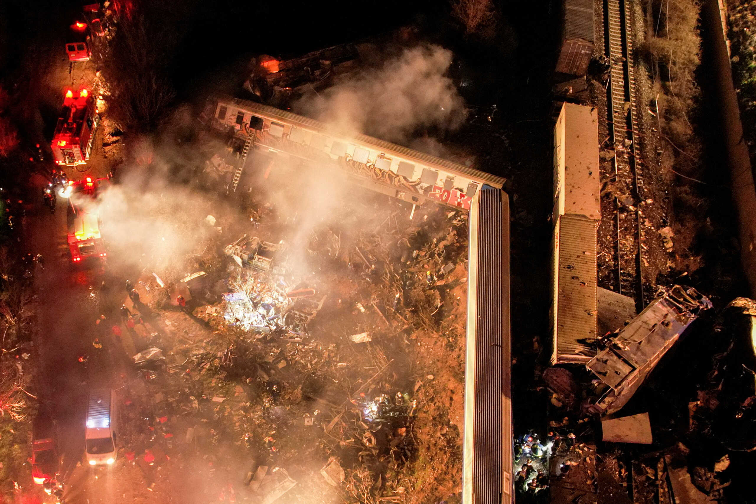 The site of a crash, where two trains collided, is seen near the city of Larissa, Greece, March 1, 2023. REUTERS