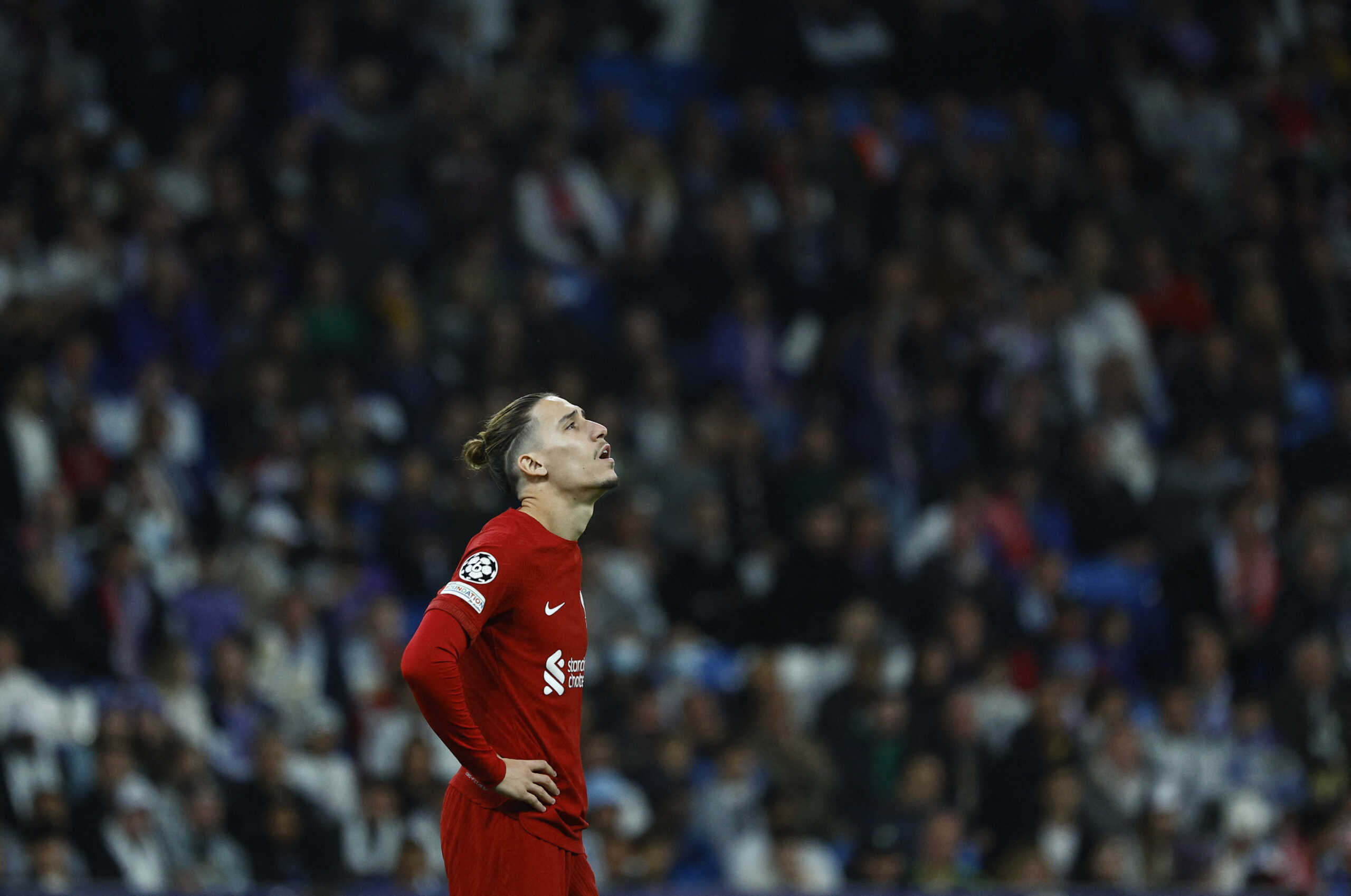 Soccer Football - Champions League - Round of 16 - Second Leg - Real Madrid v Liverpool - Santiago Bernabeu, Madrid, Spain - March 15, 2023 Liverpool's Kostas Tsimikas reacts REUTERS