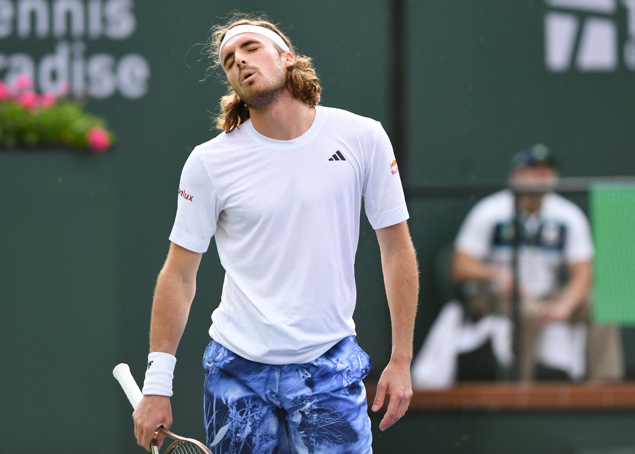 Mar 10, 2023; Indian Wells, CA, USA; Stefanos Tsitsipas (GRE) reacts after losing a point during his 2nd round match against  Jordan Thompson (AUS) (not pictured) during the BNP Paribas Open at Indian Wells Tennis Garden. Mandatory Credit: Jonathan Hui-USA TODAY Sports