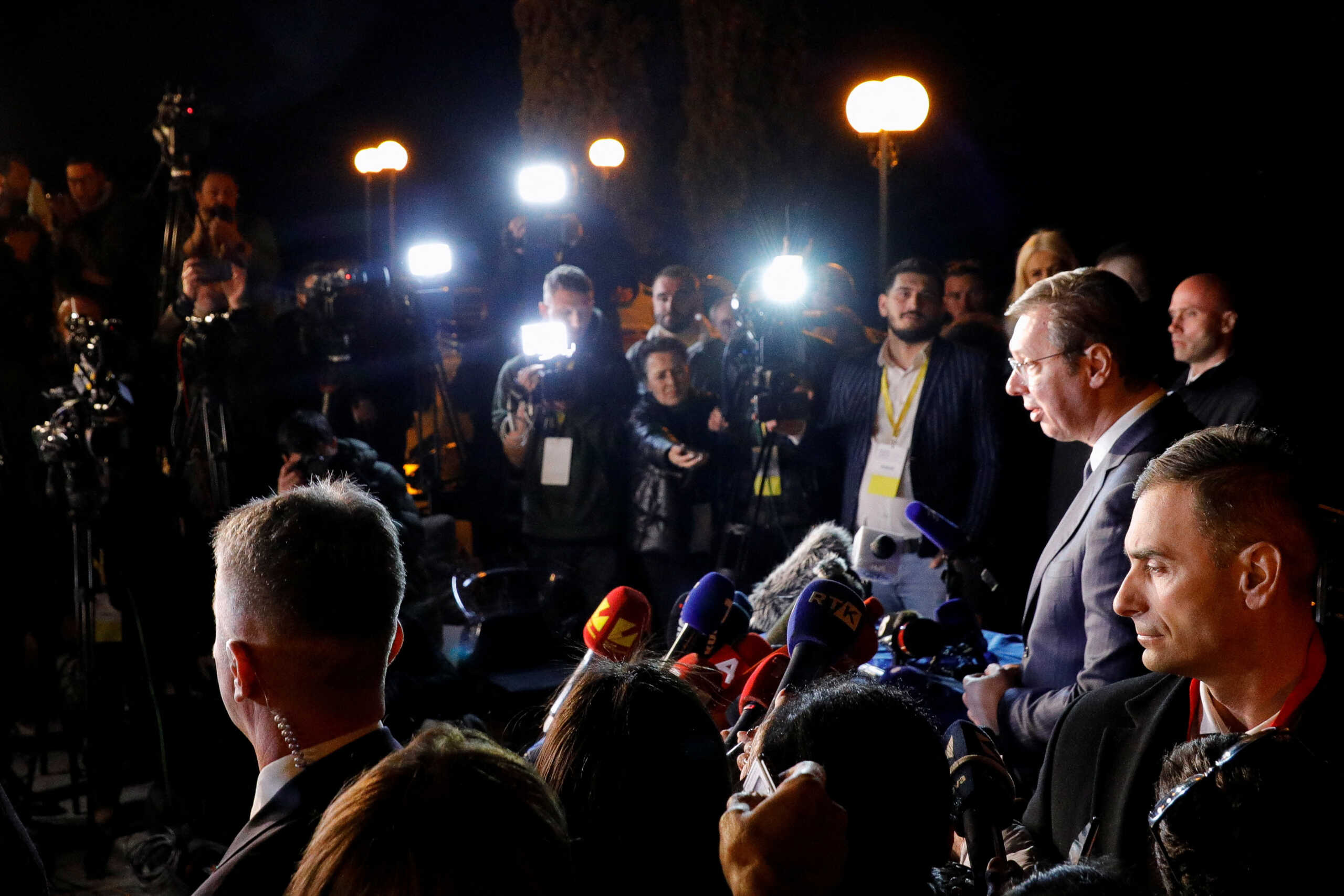 Serbian President Aleksandar Vucic speaks to media, in Ohrid, North Macedonia March 18, 2023.REUTERS