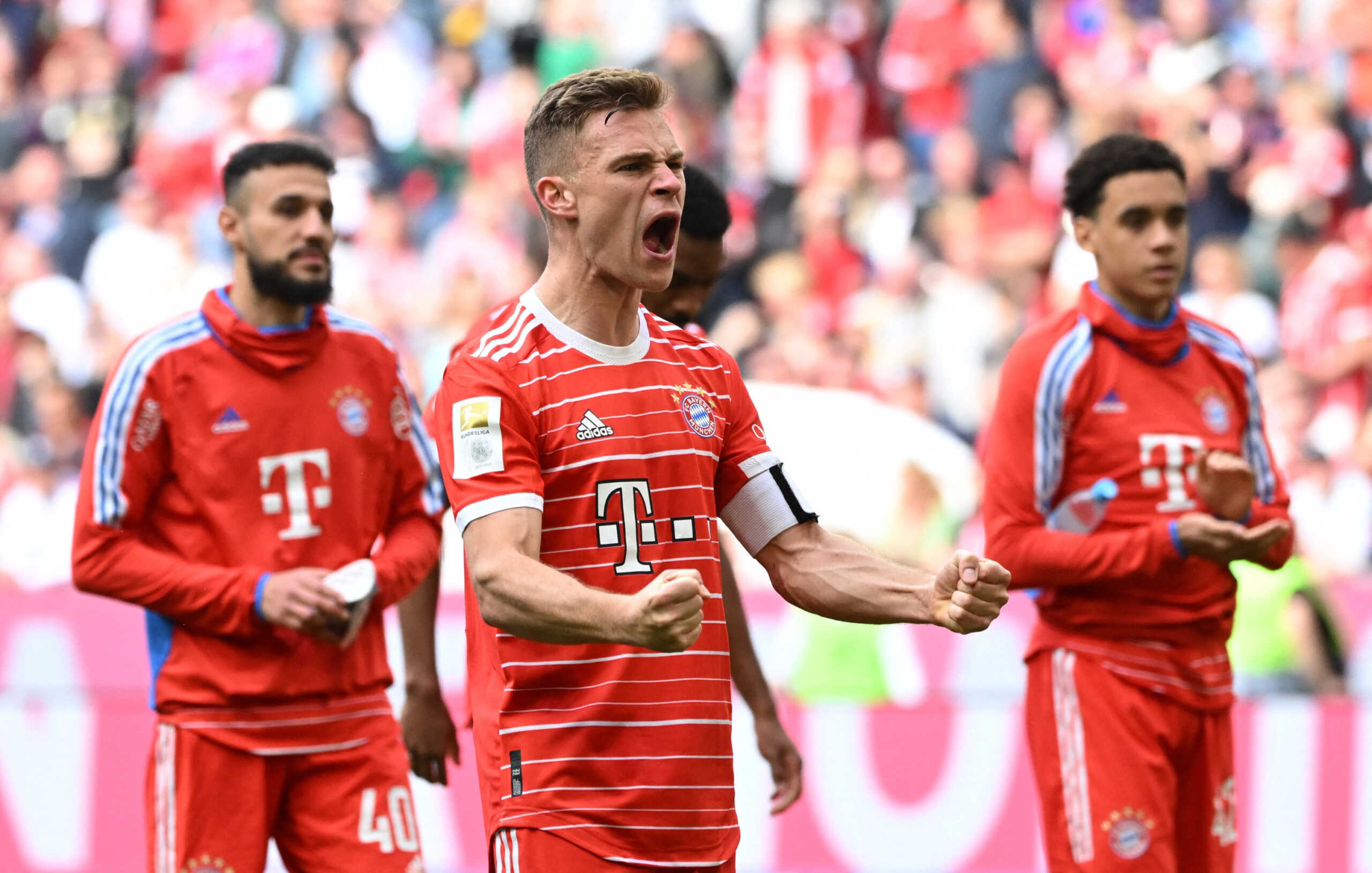 Soccer Football - Bundesliga - Bayern Munich v Hertha BSC - Allianz Arena, Munich, Germany - April 30, 2023 Bayern Munich's Joshua Kimmich celebrates after the match REUTERS