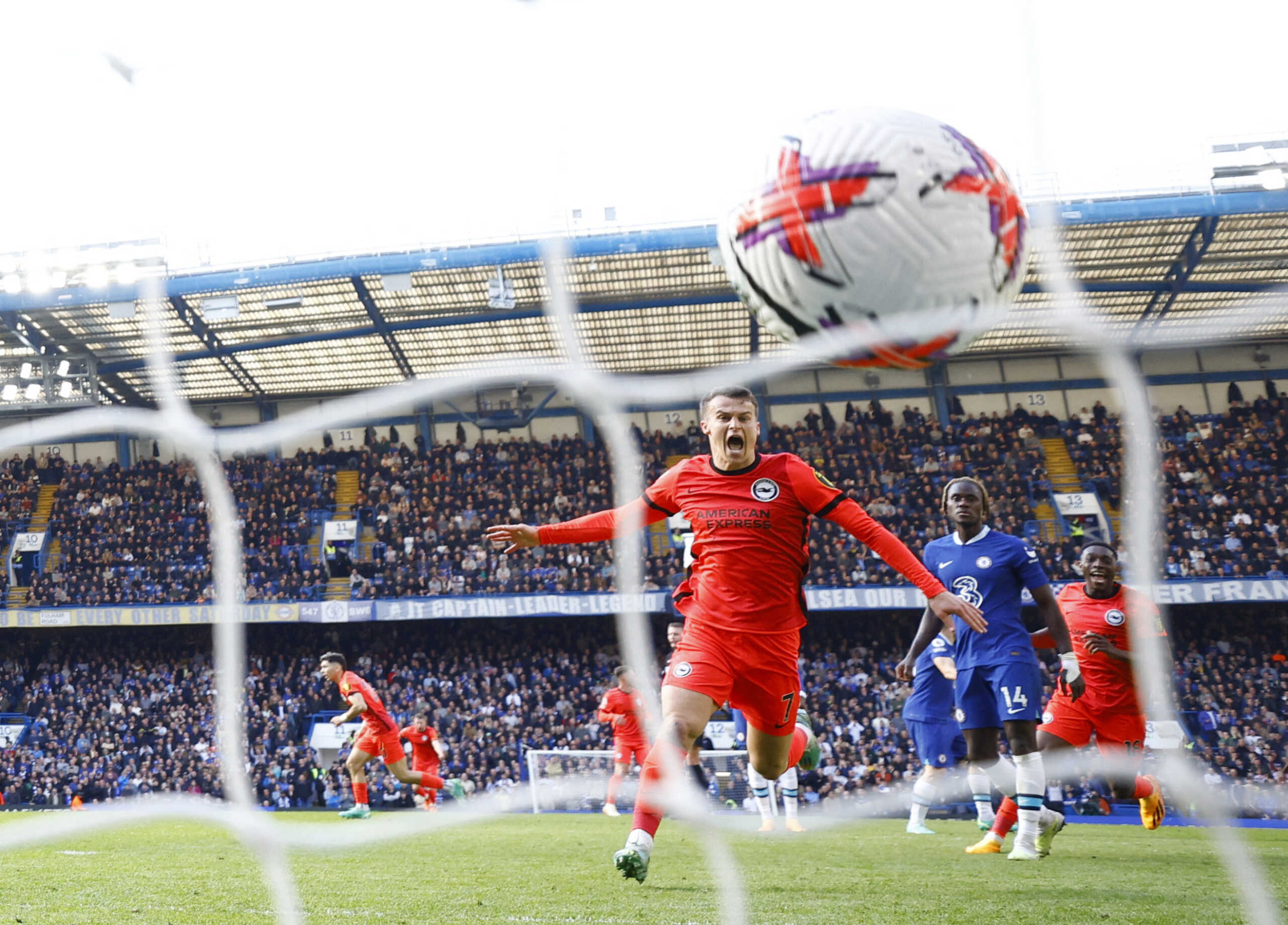 Soccer Football - Premier League - Chelsea v Brighton & Hove Albion - Stamford Bridge, London, Britain - April 15, 2023 Brighton & Hove Albion's Solly March celebrates after Julio Enciso scores their second goal Action Images via Reuters