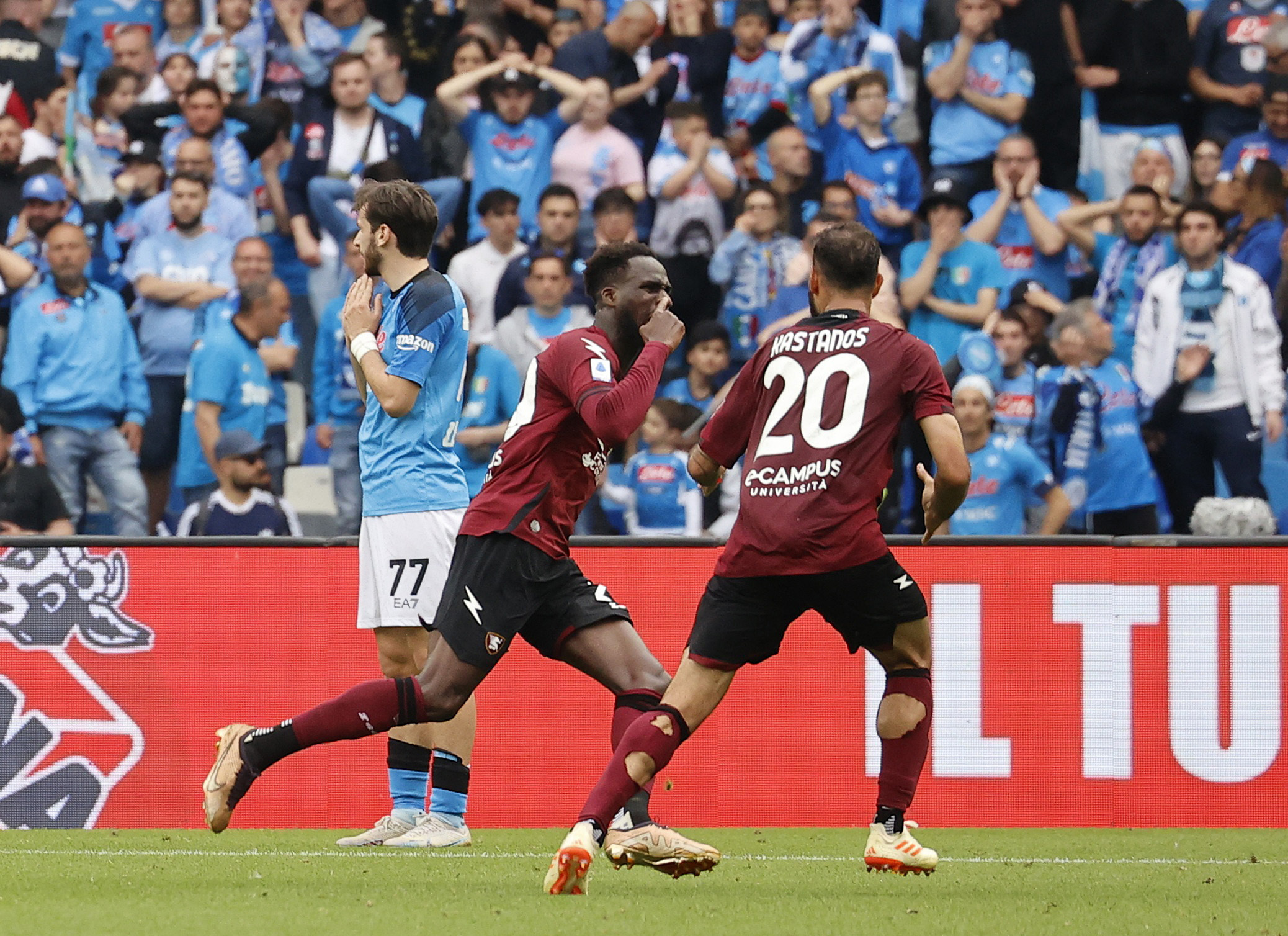 Soccer Football - Serie A - Napoli v Salernitana - Stadio Diego Armando Maradona, Naples, Italy - April 30, 2023 Salernitana's Boulaye Dia celebrates scoring their first goal with Grigoris Kastanos as Napoli's Khvicha Kvaratskhelia reacts REUTERS