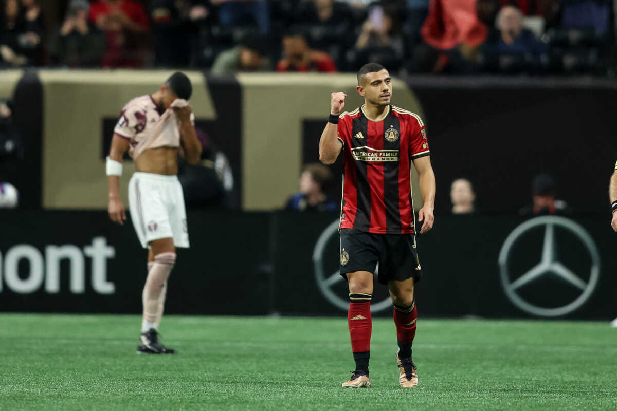 Mar 18, 2023; Atlanta, Georgia, USA; Atlanta United forward Giorgos Giakoumakis (7) celebrates his goal during the second half against the Portland Timbers at Mercedes-Benz Stadium. Mandatory Credit: Brett Davis-USA TODAY Sports