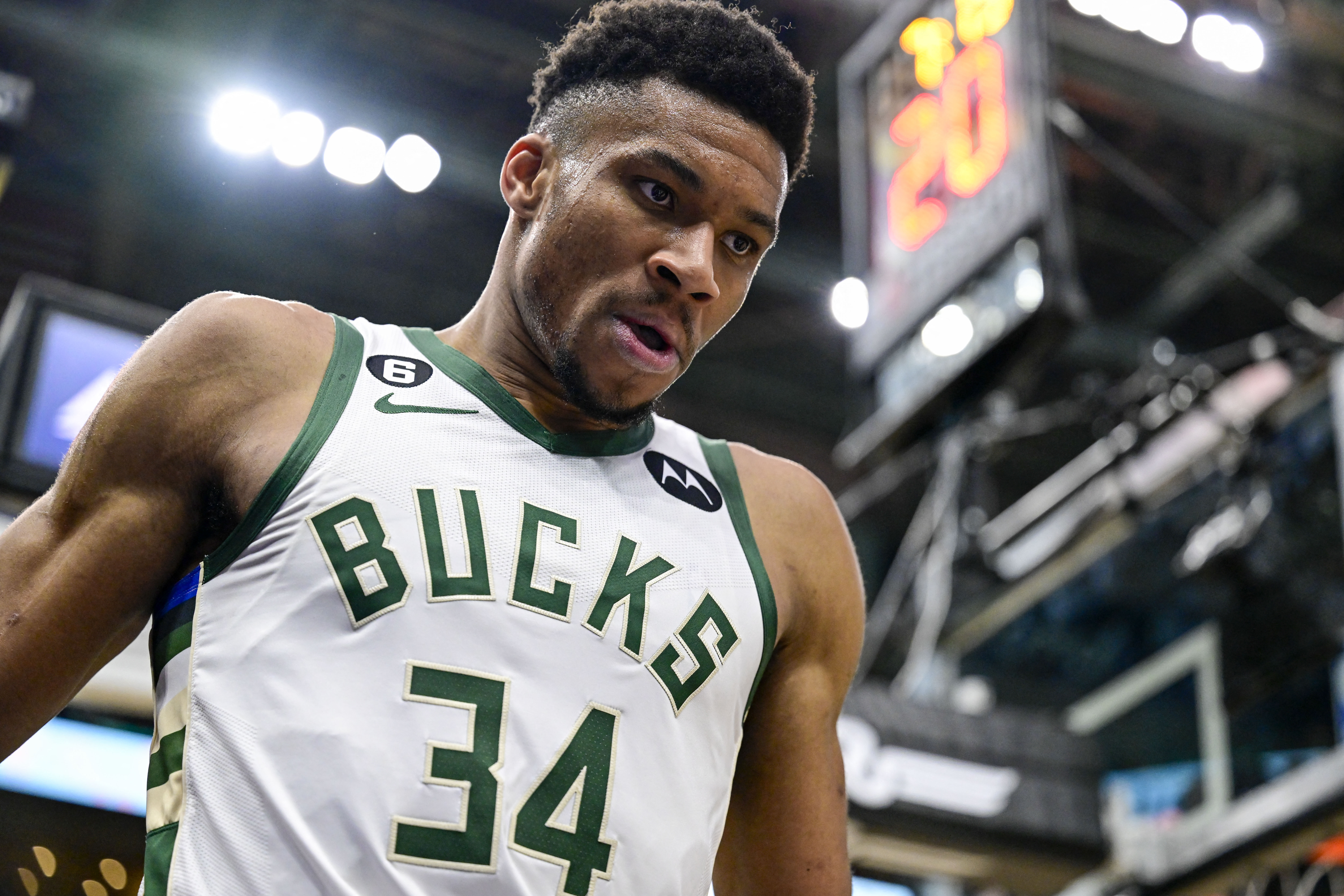 Mar 24, 2023; Salt Lake City, Utah, USA; Milwaukee Bucks forward Giannis Antetokounmpo (34) reacts after making a basket against the Utah Jazz during the second half at Vivint Arena. Mandatory Credit: Christopher Creveling-USA TODAY Sports