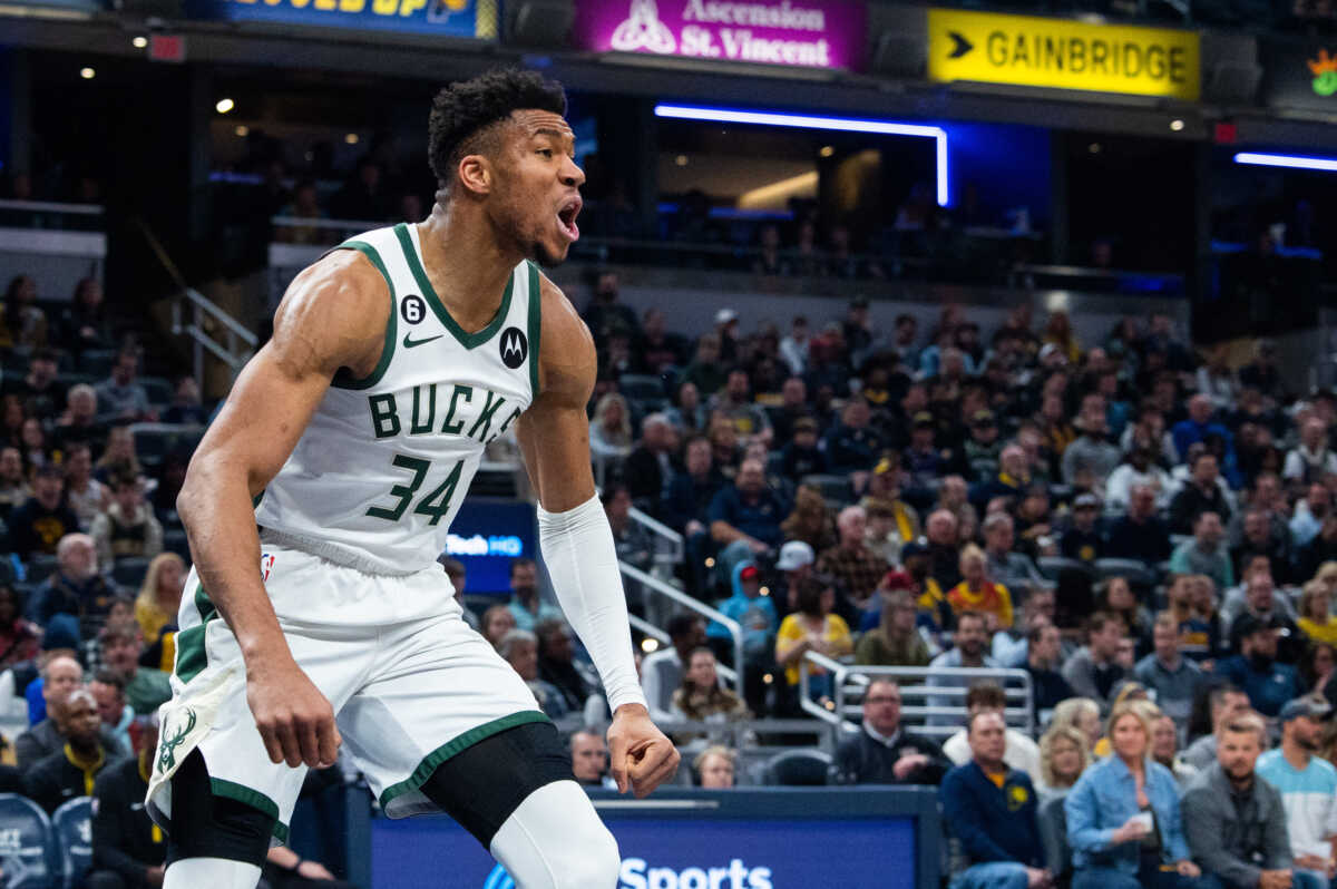 Mar 29, 2023; Indianapolis, Indiana, USA; Milwaukee Bucks forward Giannis Antetokounmpo (34) reacts to a missed call in the first quarter against the Indiana Pacers at Gainbridge Fieldhouse. Mandatory Credit: Trevor Ruszkowski-USA TODAY Sports