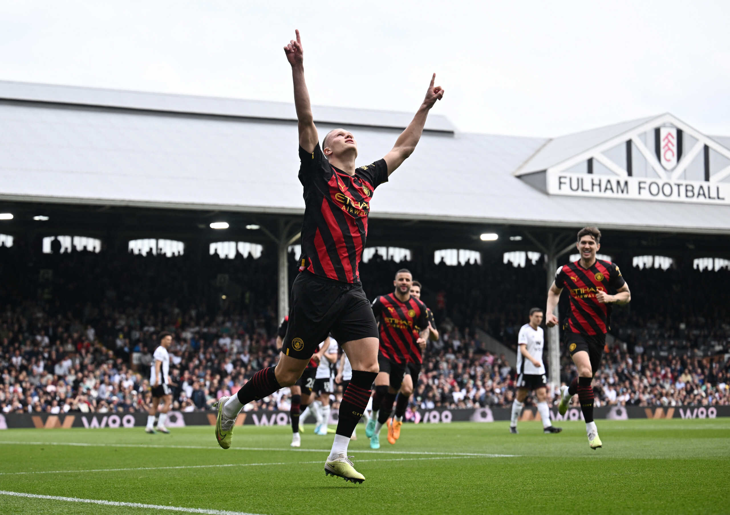Soccer Football - Premier League - Fulham v Manchester City - Craven Cottage, London, Britain - April 30, 2023 Manchester City's Erling Braut Haaland celebrates scoring their first goal REUTERS