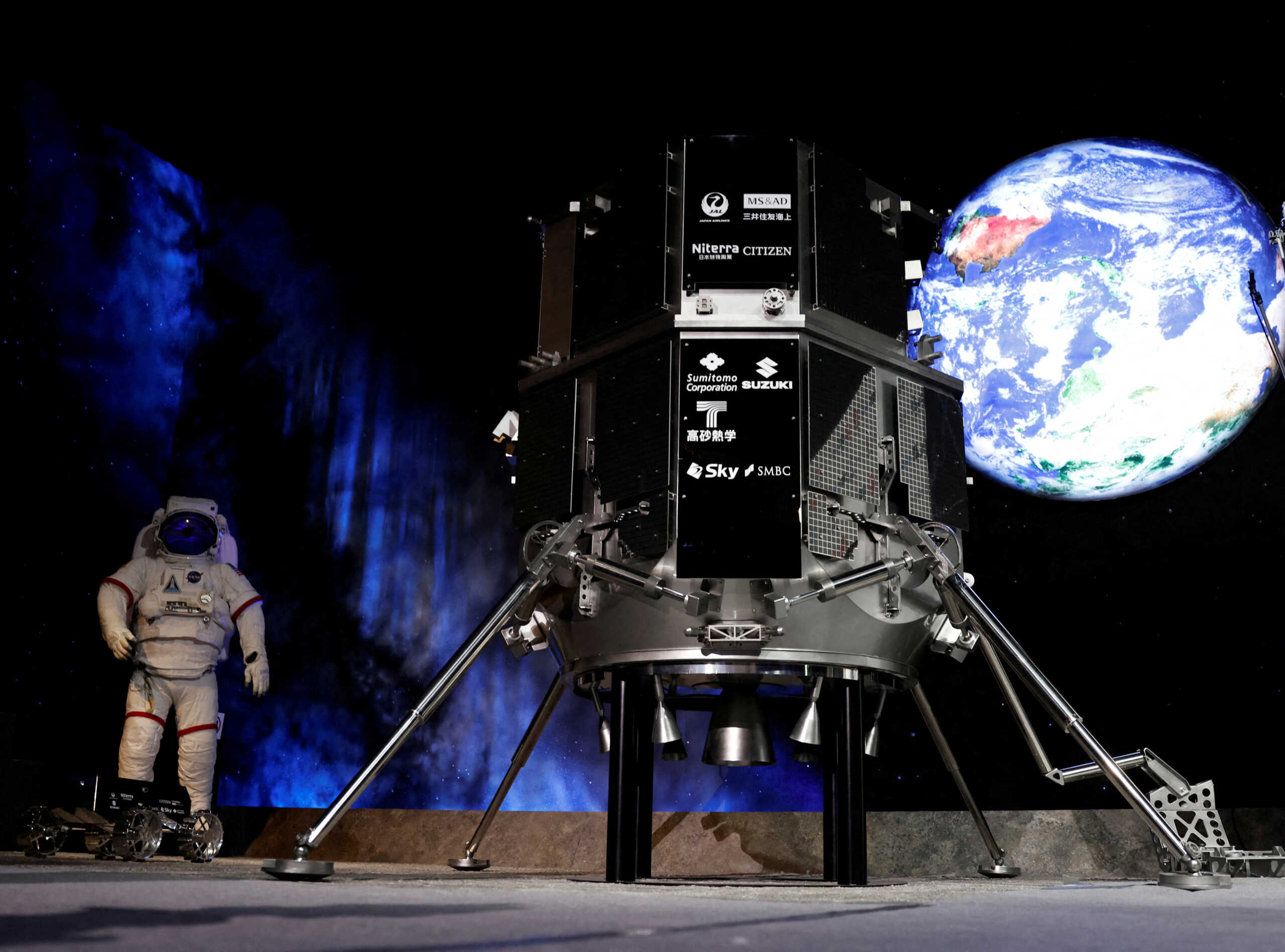 A model of the lander in HAKUTO-R lunar exploration program by "ispace" is pictured at a venue to monitor its landing on the Moon, in Tokyo, Japan, April 26, 2023. REUTERS