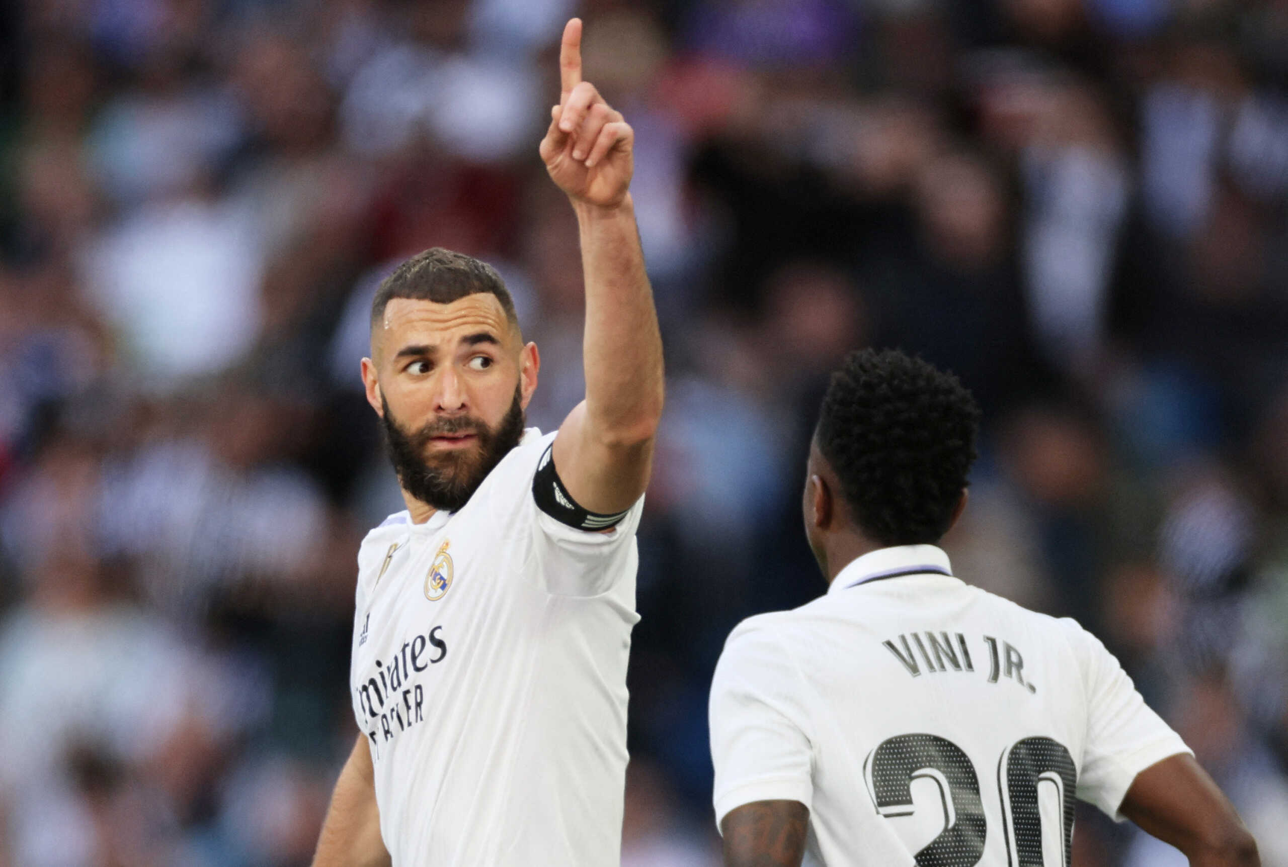 Soccer Football - LaLiga - Real Madrid v Real Valladolid - Santiago Bernabeu, Madrid, Spain - April 2, 2023 Real Madrid's Karim Benzema celebrates scoring their second goal REUTERS