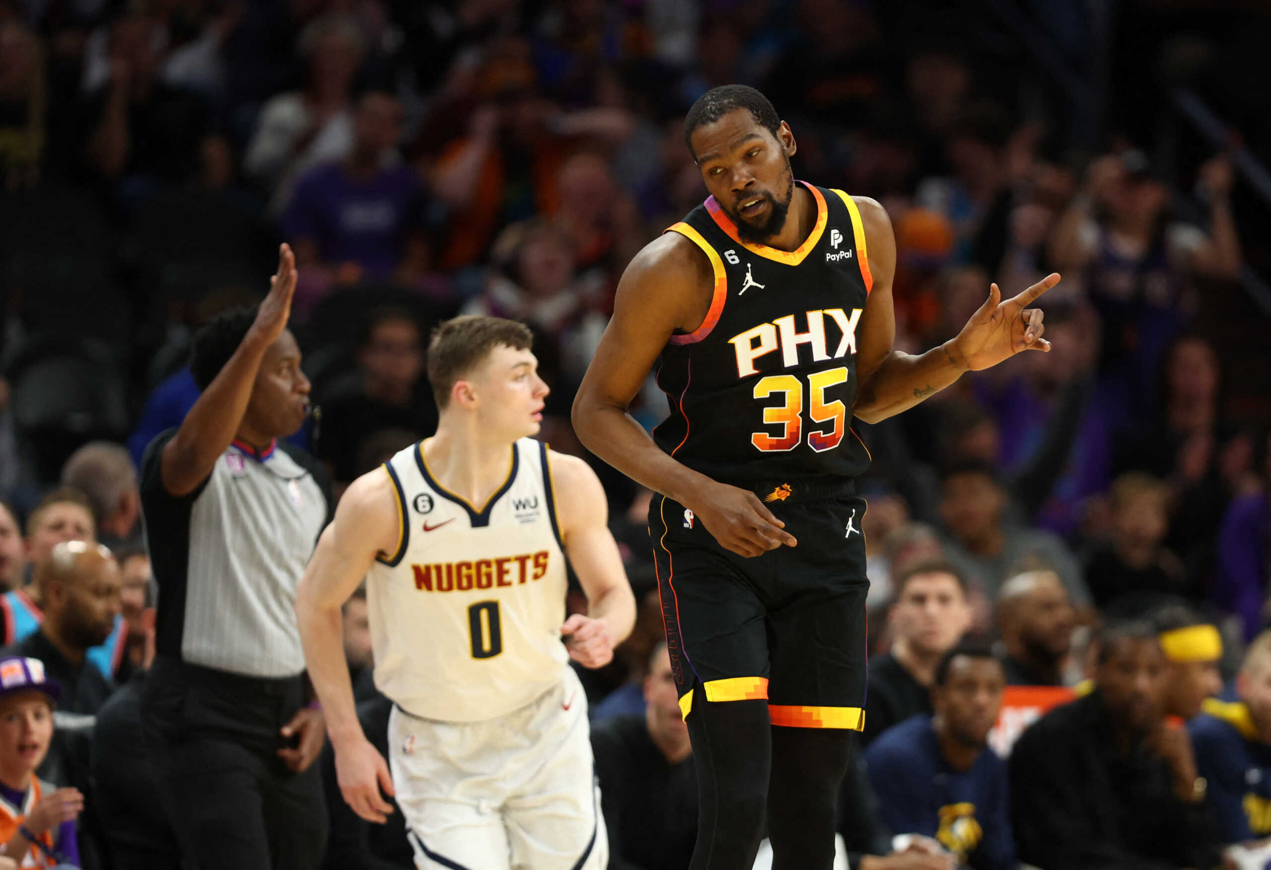 Apr 6, 2023; Phoenix, Arizona, USA; Phoenix Suns forward Kevin Durant (35) celebrates a shot against the Denver Nuggets in the second half at Footprint Center. Mandatory Credit: Mark J. Rebilas-USA TODAY Sports