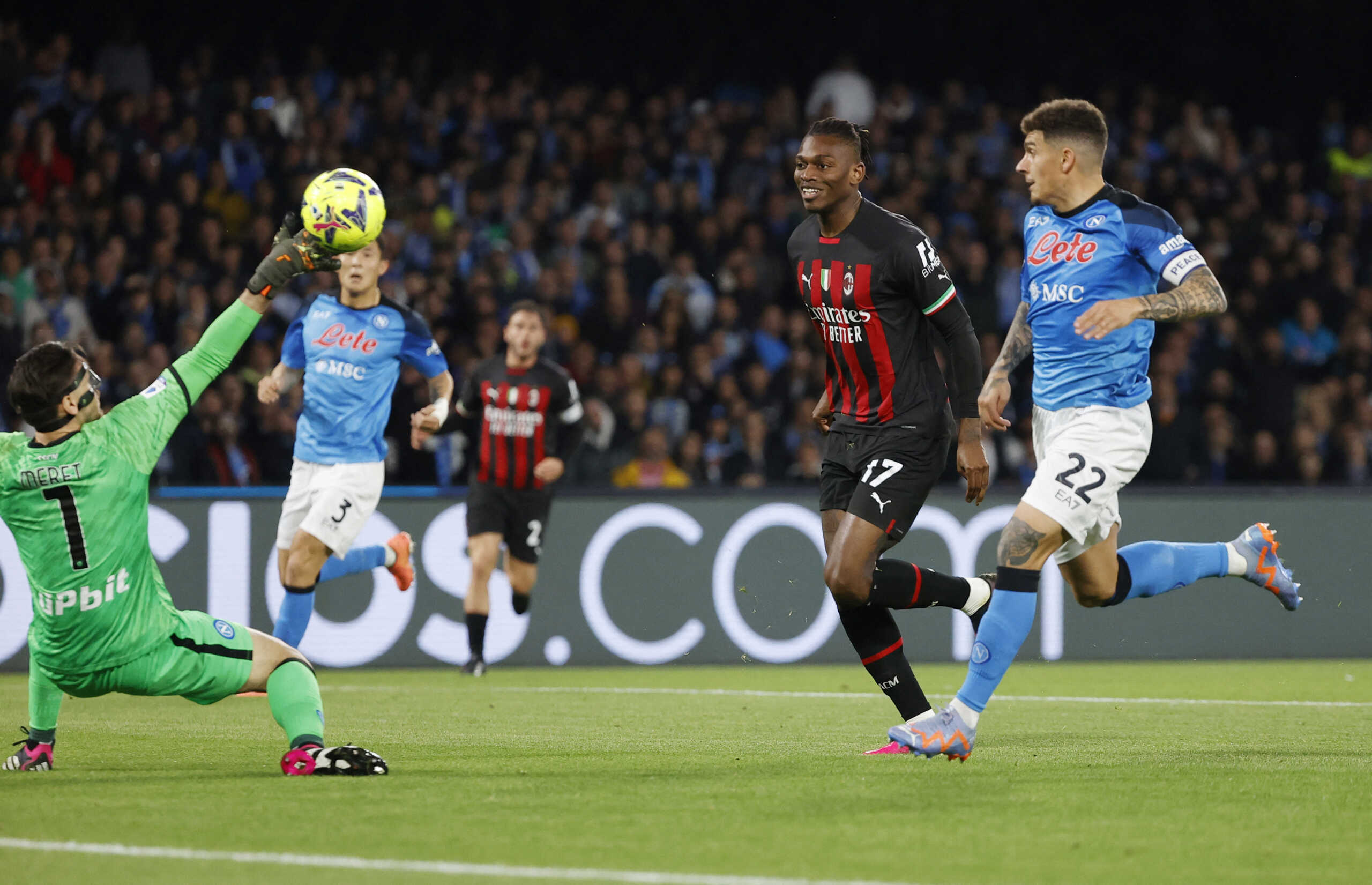 Soccer Football - Serie A - Napoli v AC Milan - Stadio Diego Armando Maradona, Naples, Italy - April 2, 2023  AC Milan's Rafael Leao scores their first goal REUTERS