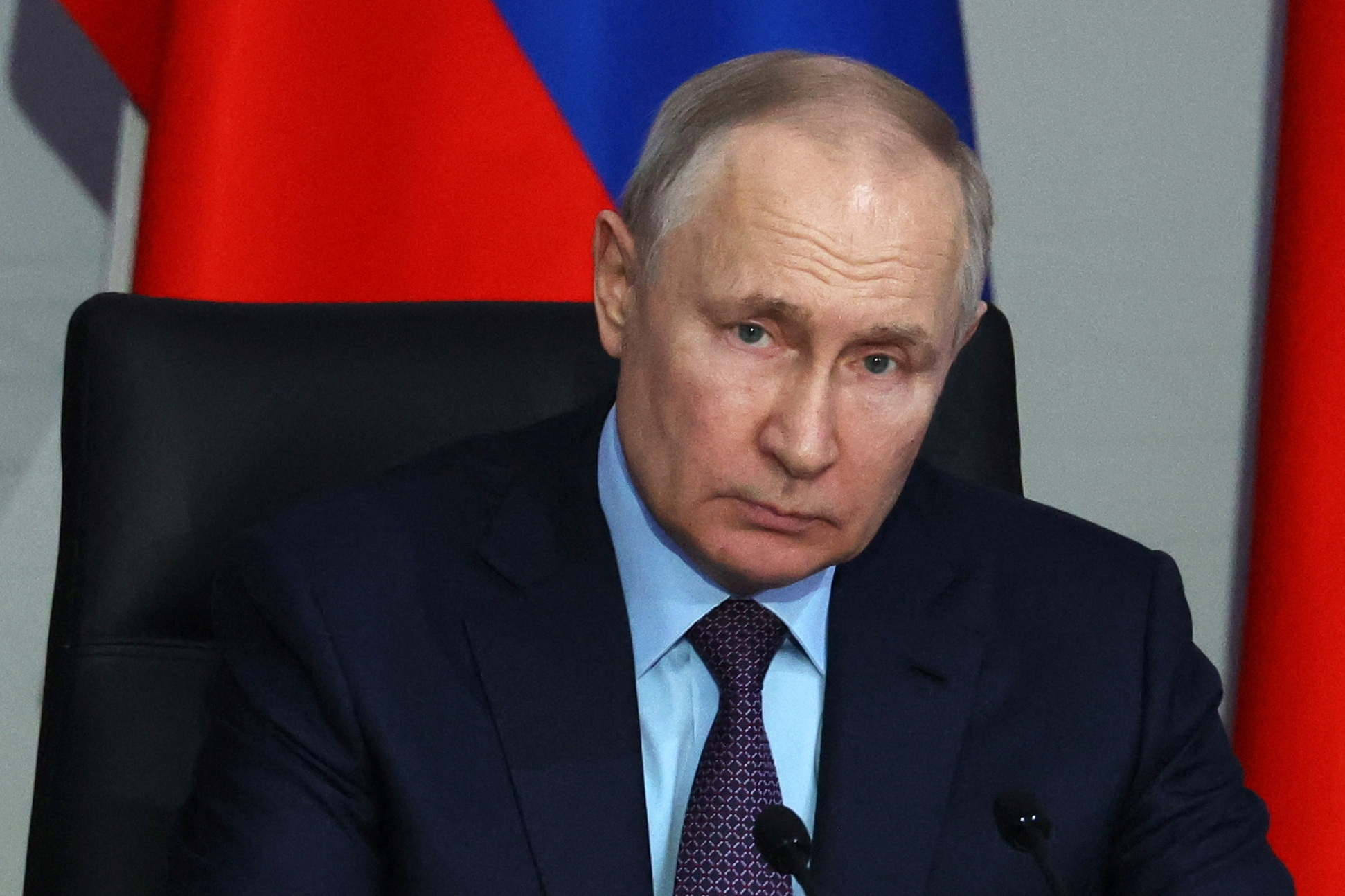 Russian President Vladimir Putin chairs a meeting on the development of unmanned aircraft, at the Rudnyovo industrial park in Moscow, Russia April 27, 2023. Sputnik