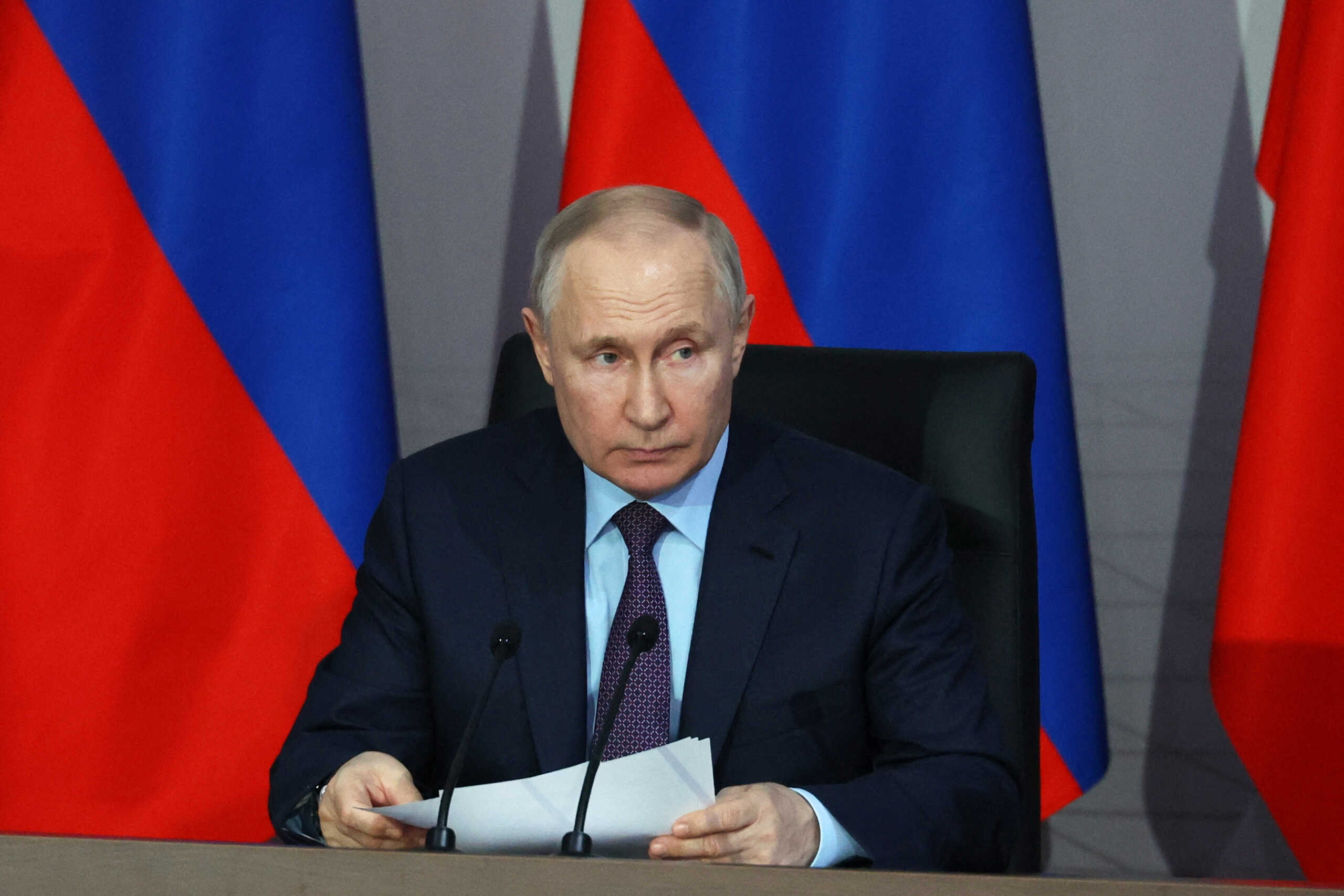 Russian President Vladimir Putin chairs a meeting on the development of unmanned aircraft, at the Rudnyovo industrial park in Moscow, Russia April 27, 2023. Sputnik