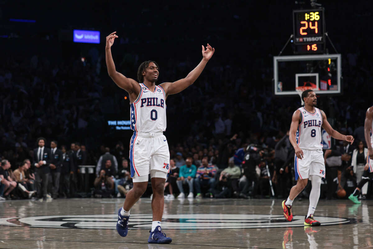 Apr 22, 2023; Brooklyn, New York, USA; Philadelphia 76ers guard Tyrese Maxey (0) celebrates after a 76ers basket during the second half of game four of the 2023 NBA playoffs against the Brooklyn Nets at Barclays Center. Mandatory Credit: Vincent Carchietta-USA TODAY Sports