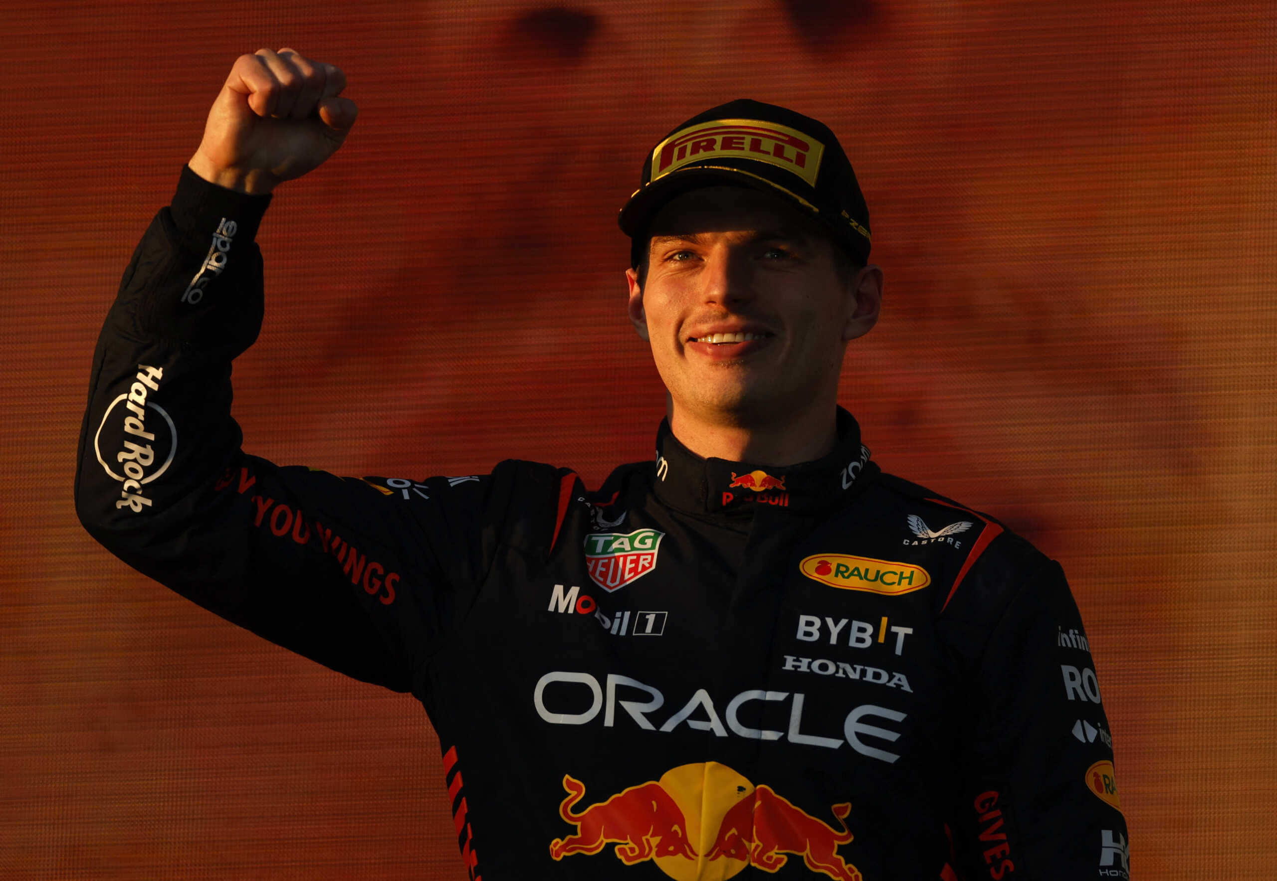 Formula One F1 - Australian Grand Prix - Melbourne Grand Prix Circuit, Melbourne, Australia - April 2, 2023 Red Bull's Max Verstappen celebrates on the podium after winning the Australian Grand Prix REUTERS