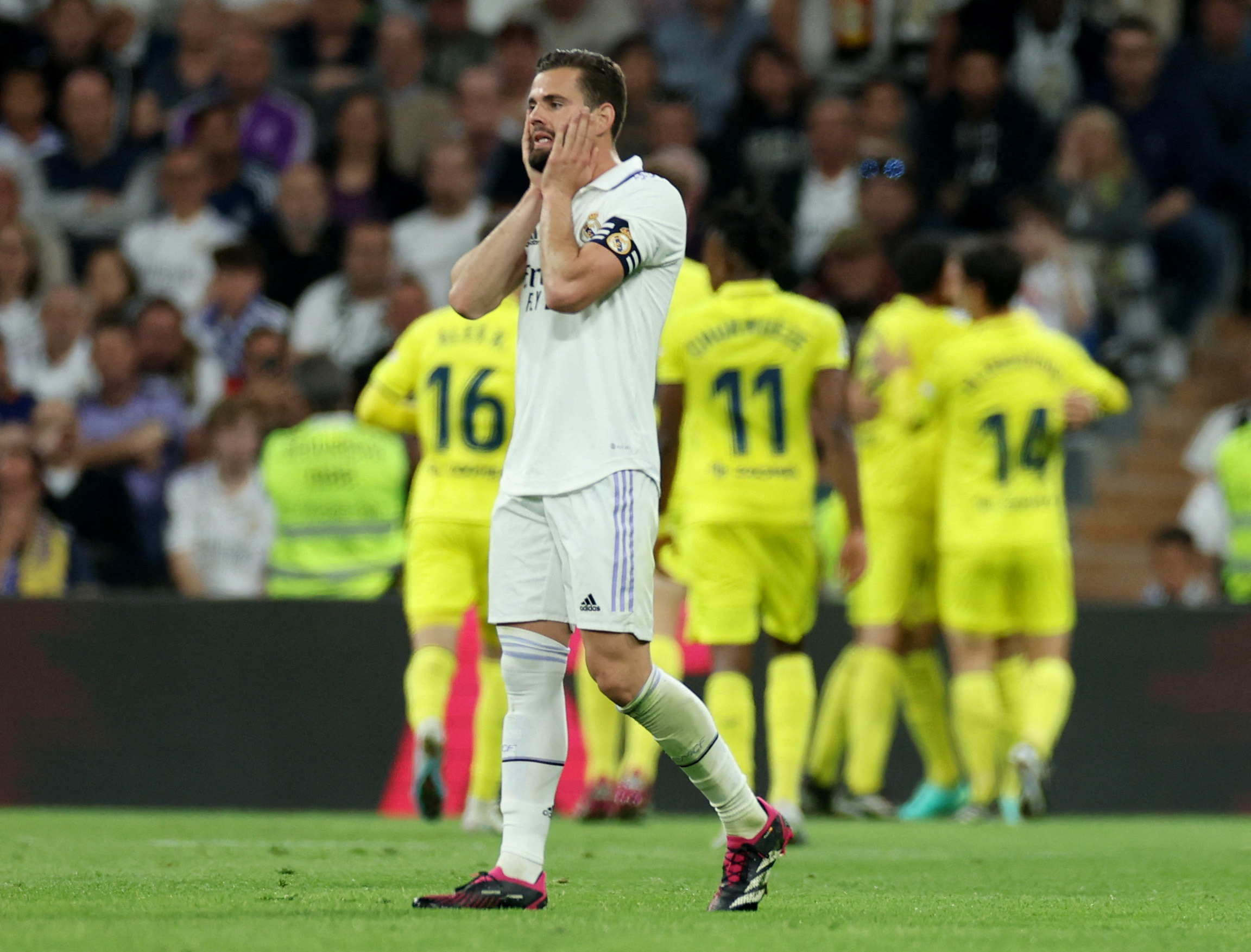 Soccer Football - LaLiga - Real Madrid v Villarreal - Santiago Bernabeu, Madrid, Spain - April 8, 2023 Real Madrid's Nacho looks dejected after Villarreal's Jose Luis Morales scores their second goal REUTERS