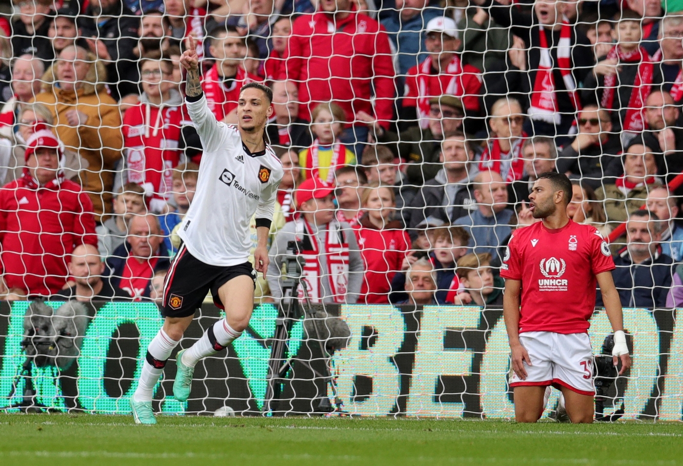 Soccer Football - Premier League - Nottingham Forest v Manchester United - The City Ground, Nottingham, Britain - April 16, 2023 Manchester United's Antony celebrates scoring their first goal REUTERS