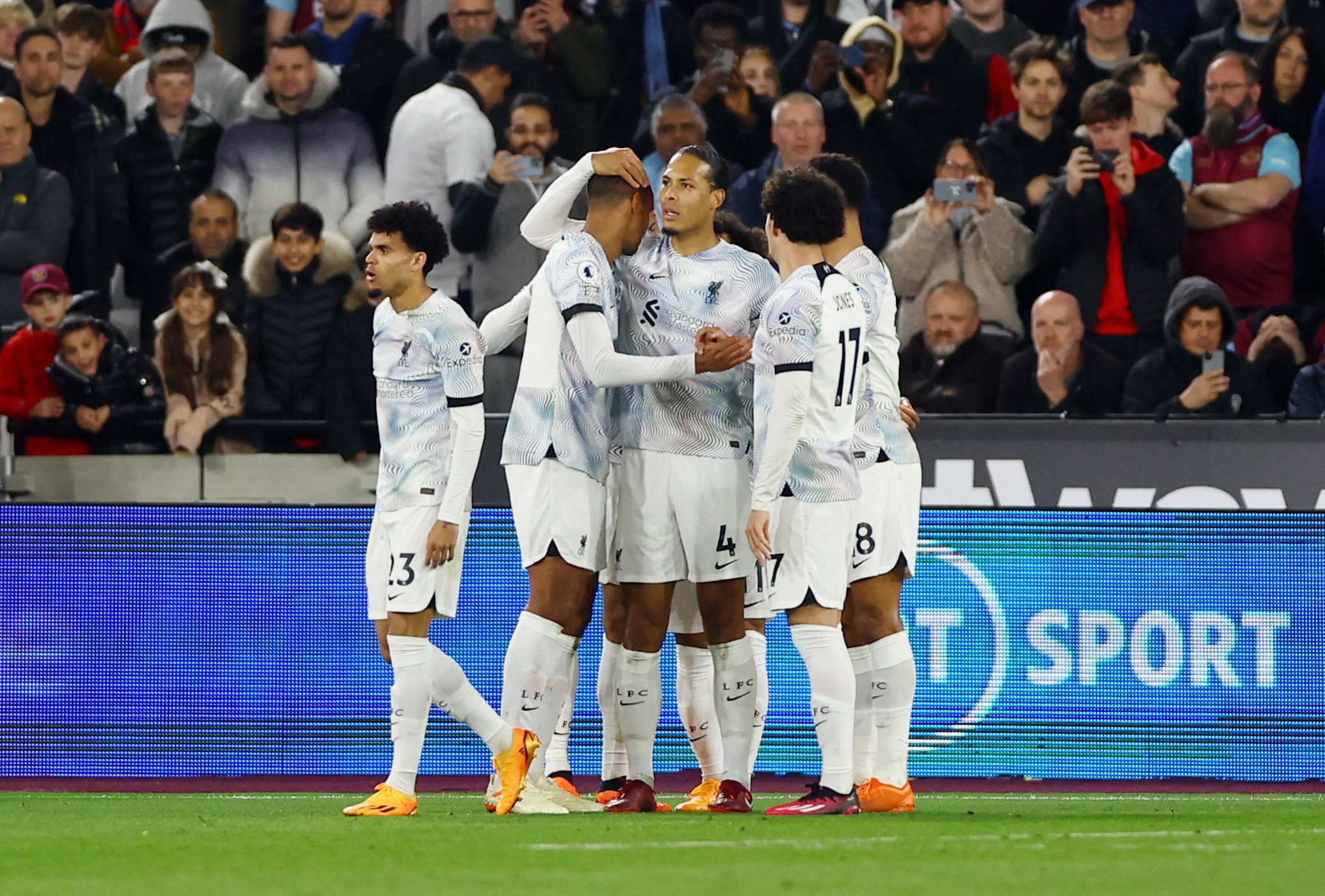 Soccer Football - Premier League - West Ham United v Liverpool - London Stadium, London, Britain - April 26, 2023 Liverpool's Joel Matip celebrates scoring their second goal with teammates Action Images via Reuters
