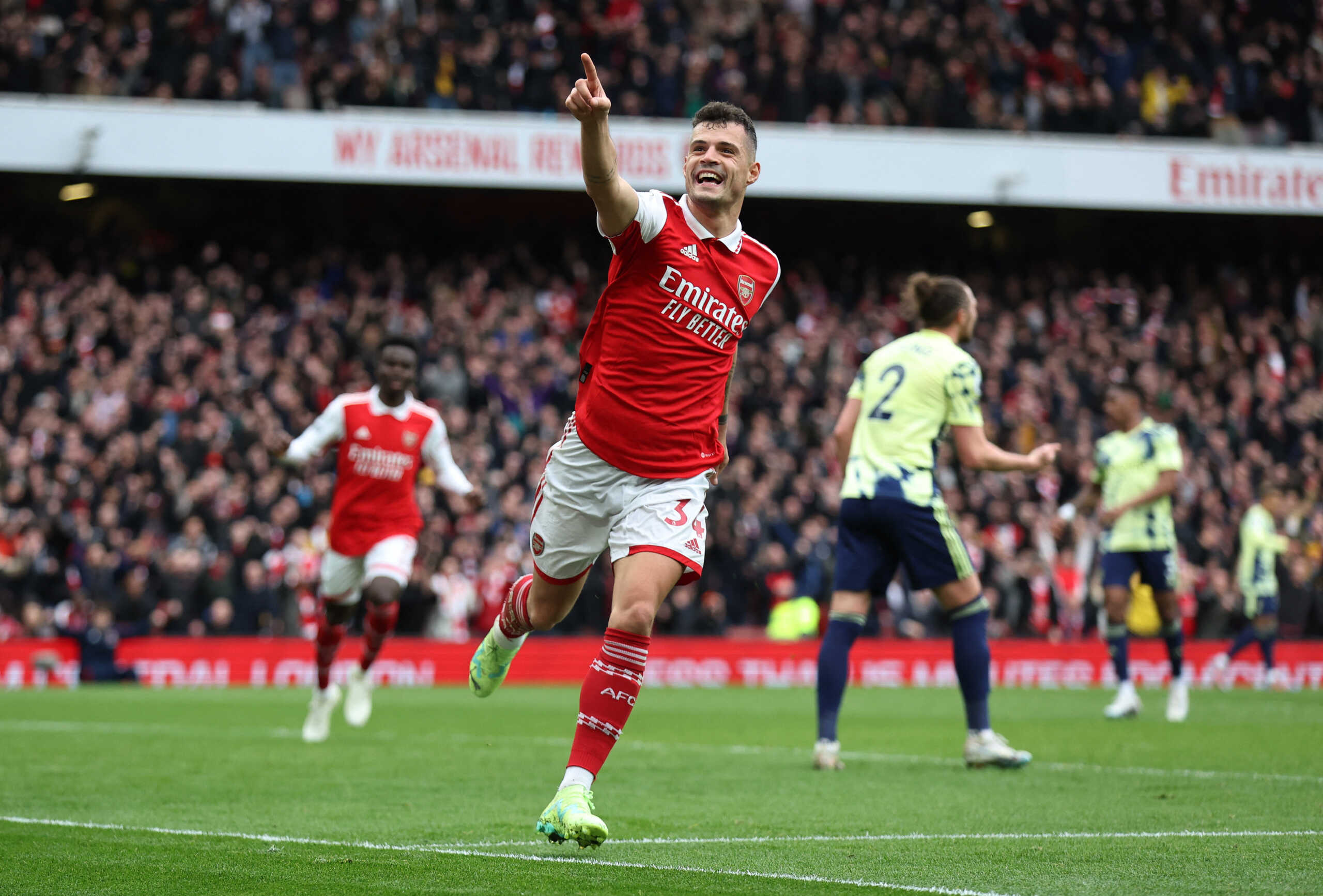 Soccer Football - Premier League - Arsenal v Leeds United - Emirates Stadium, London, Britain - April 1, 2023  Arsenal's Granit Xhaka celebrates scoring their fourth goal REUTERS