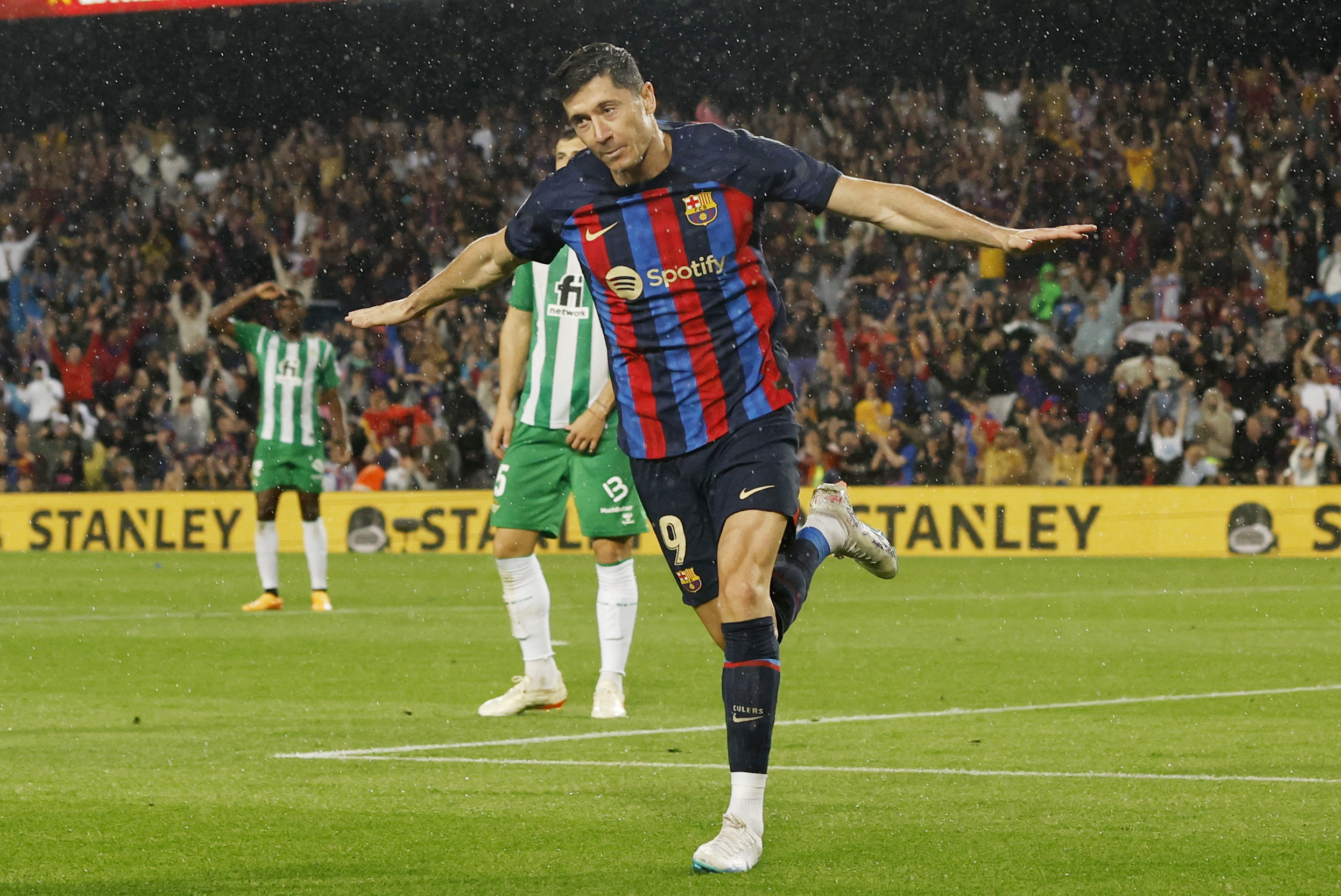 Soccer Football - LaLiga - FC Barcelona v Real Betis - Camp Nou, Barcelona, Spain - April 29, 2023 FC Barcelona's Robert Lewandowski celebrates scoring their second goal REUTERS