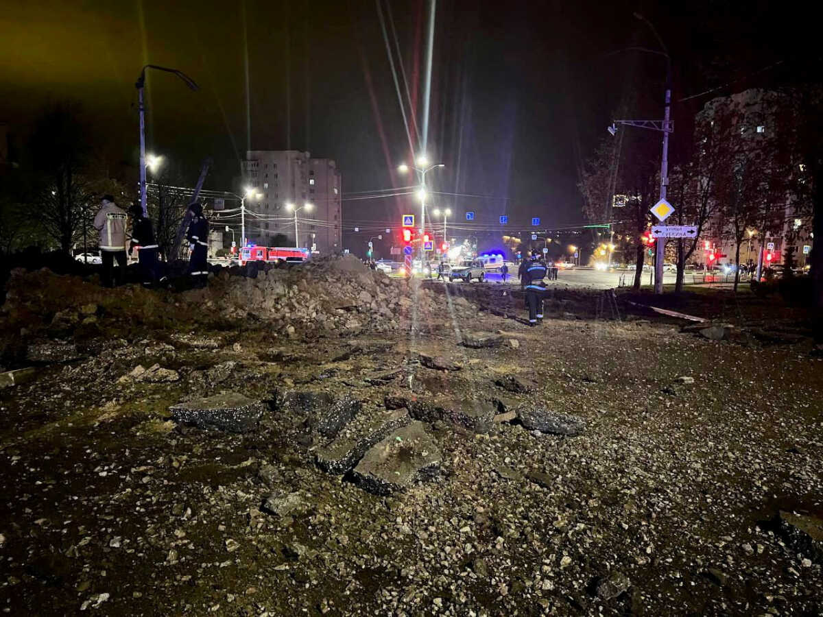 A view shows the accident scene following a large blast in a street in the city of Belgorod, Russia, April 20, 2023. Mayor of Belgorod City Valentin Demidov via Telegram