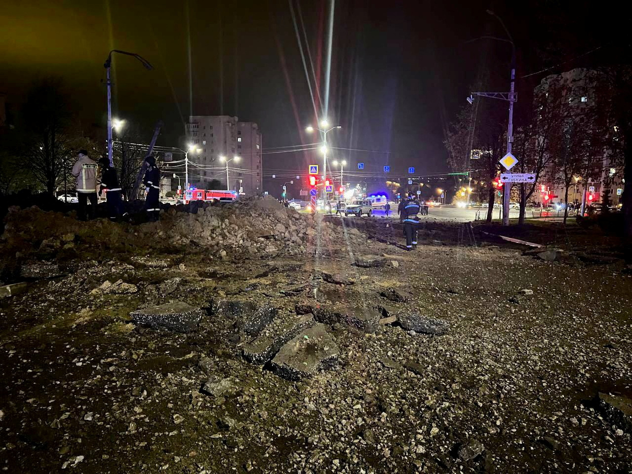 A view shows the accident scene following a large blast in a street in the city of Belgorod, Russia, April 20, 2023. Mayor of Belgorod City Valentin Demidov via Telegram