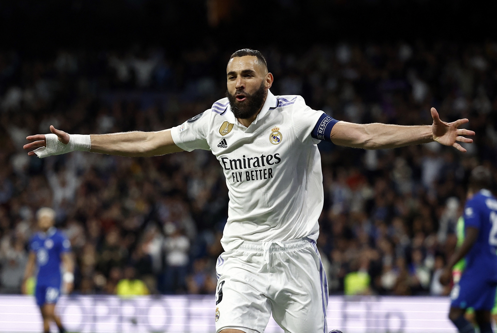 Soccer Football - Champions League - Quarter Finals - First Leg - Real Madrid v Chelsea - Santiago Bernabeu, Madrid, Spain - April 12, 2023 Real Madrid's Karim Benzema celebrates scoring their first goal REUTERS