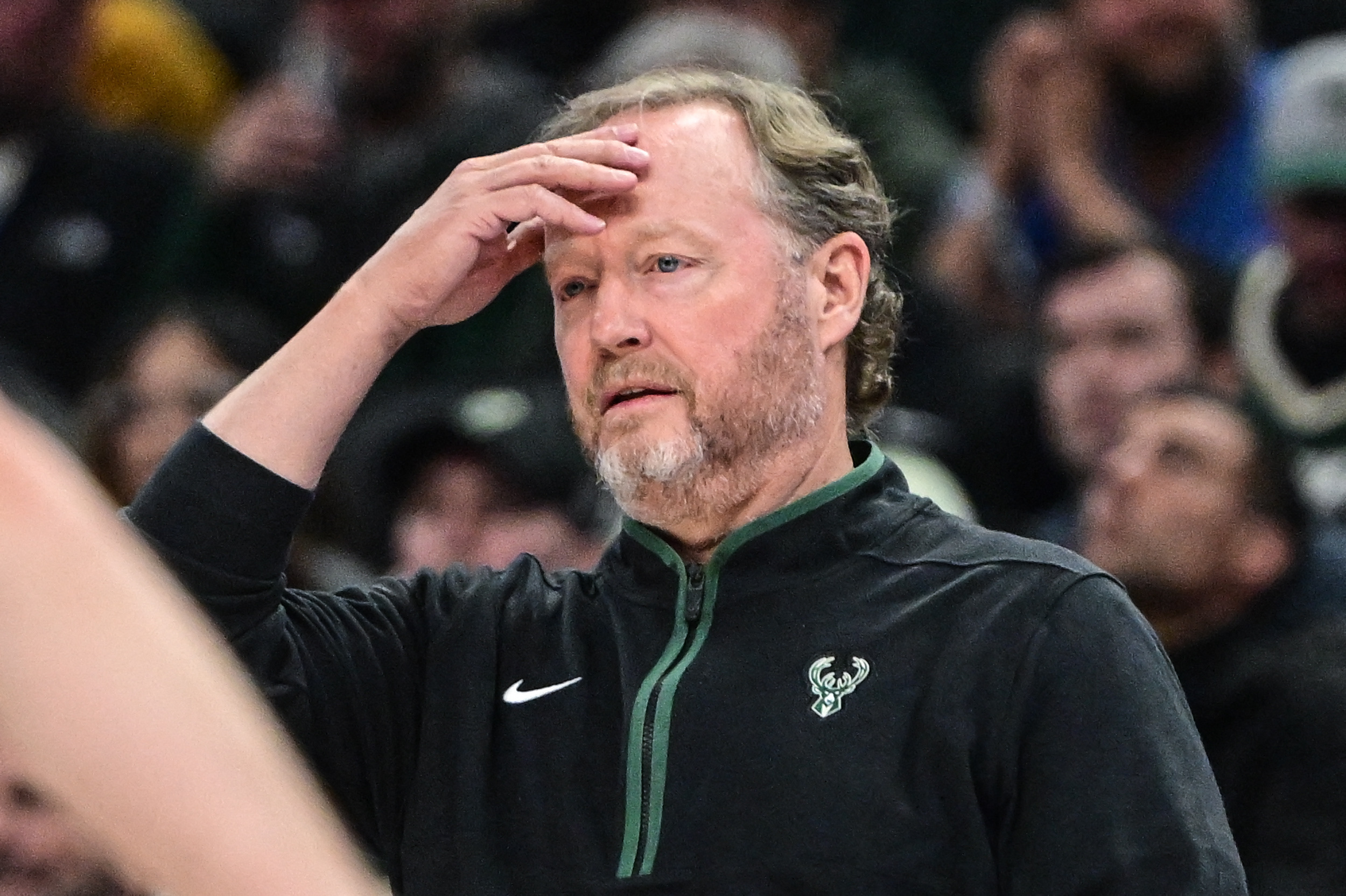 Apr 7, 2023; Milwaukee, Wisconsin, USA; Milwaukee Bucks head coach Mike Budenholzer reacts in the second quarter during game against the Memphis Grizzlies at Fiserv Forum. Mandatory Credit: Benny Sieu-USA TODAY Sports