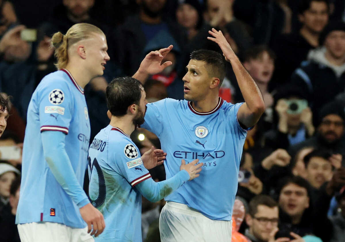 Soccer Football - Champions League - Quarter Final - First Leg - Manchester City v Bayern Munich - Etihad Stadium, Manchester, Britain - April 11, 2023 Manchester City's Rodri celebrates scoring their first goal with Bernardo Silva and Erling Braut Haaland REUTERS