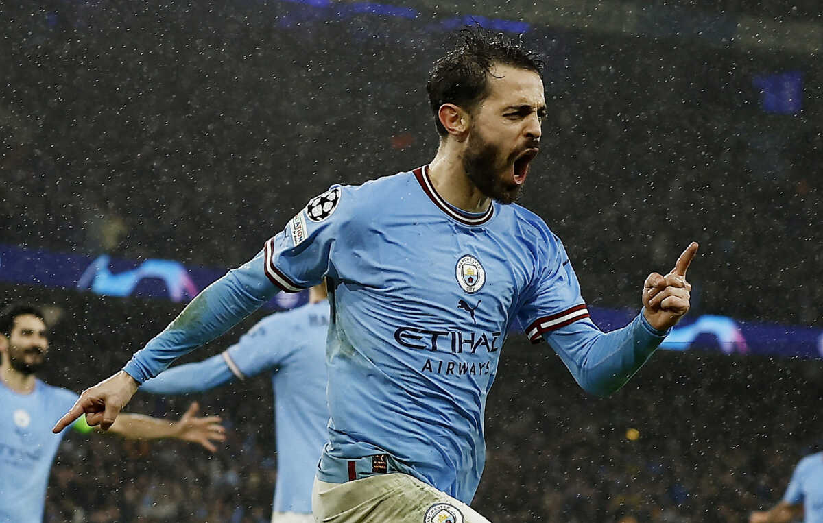 Soccer Football - Champions League - Quarter Final - First Leg - Manchester City v Bayern Munich - Etihad Stadium, Manchester, Britain - April 11, 2023 Manchester City's Bernardo Silva celebrates scoring their second goal Action Images via REUTERS
