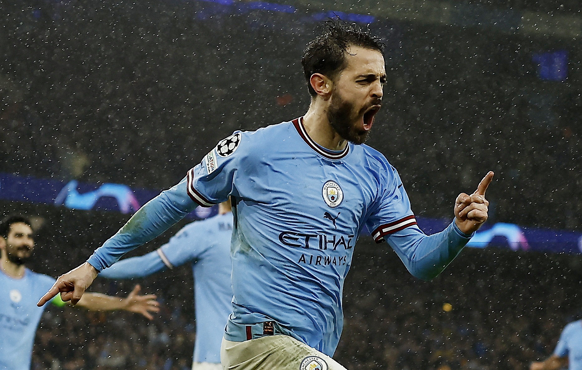 Soccer Football - Champions League - Quarter Final - First Leg - Manchester City v Bayern Munich - Etihad Stadium, Manchester, Britain - April 11, 2023 Manchester City's Bernardo Silva celebrates scoring their second goal Action Images via REUTERS