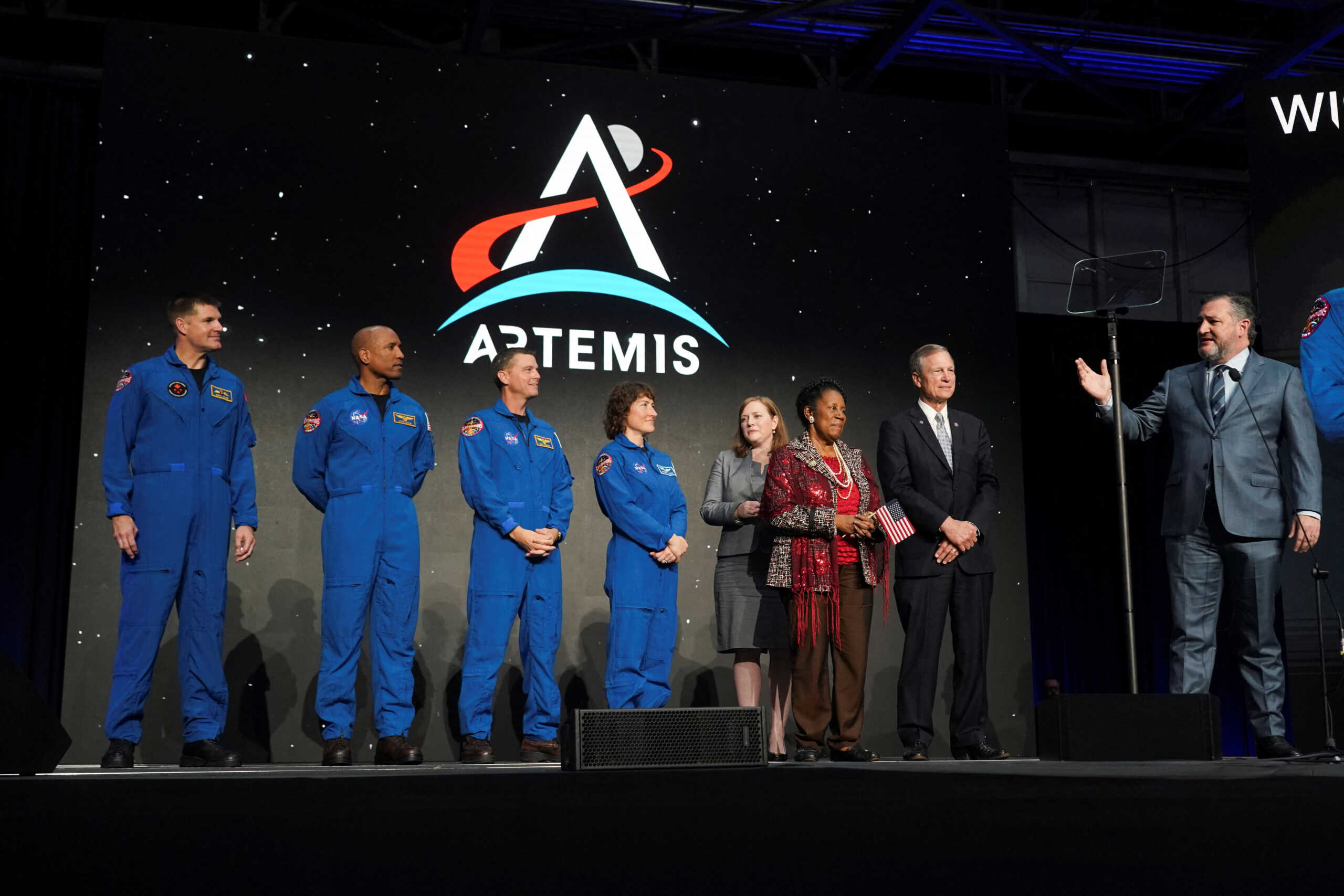 U.S. Senator Ted Cruz speaks while standing next to the crew of the Artemis II space mission to the moon and back during an event of NASA in Houston, Texas, U.S., April 3, 2023. REUTERS