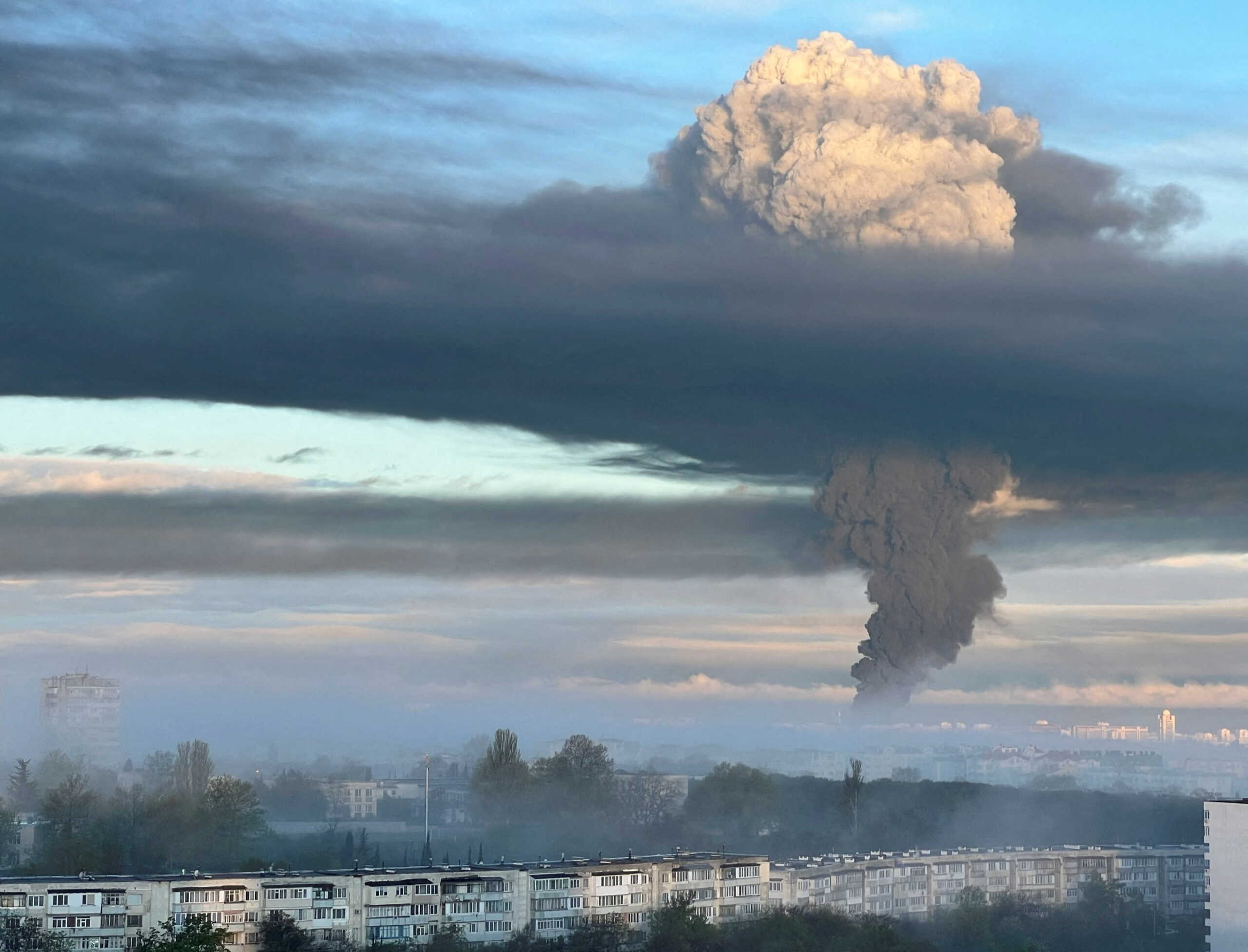 A view shows smoke rising following an alleged drone attack in Sevastopol, Crimea, April 29, 2023.  REUTERS