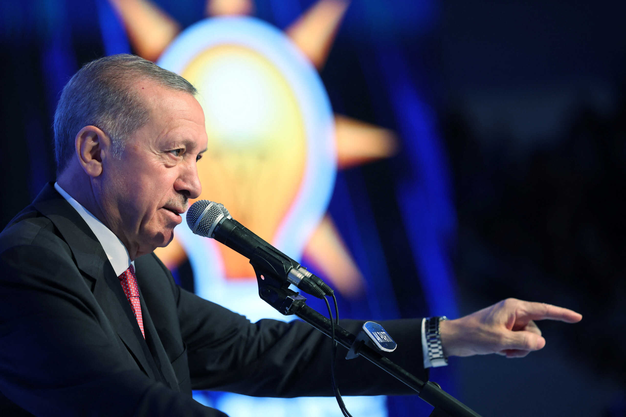 Turkish President Tayyip Erdogan makes a speech during a meeting of his ruling AK Party to announce the party's election manifesto ahead of the May 14 elections, in Ankara, Turkey April 11, 2023. Murat Cetinmuhurdar