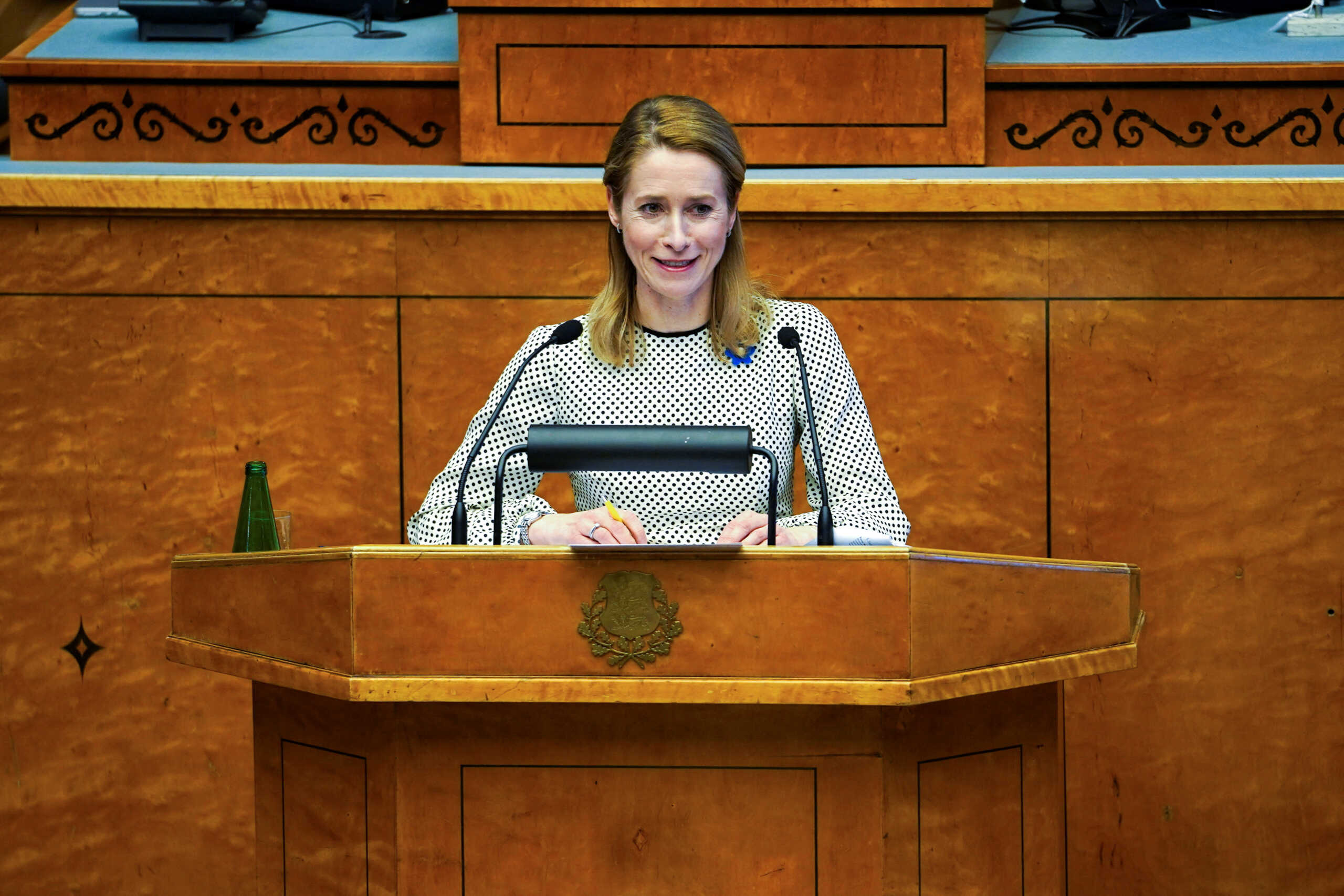 Re-elected Estonian Prime Minister Kaja Kallas reacts during a parliamentary session in Tallinn, Estonia April 12, 2023. REUTERS