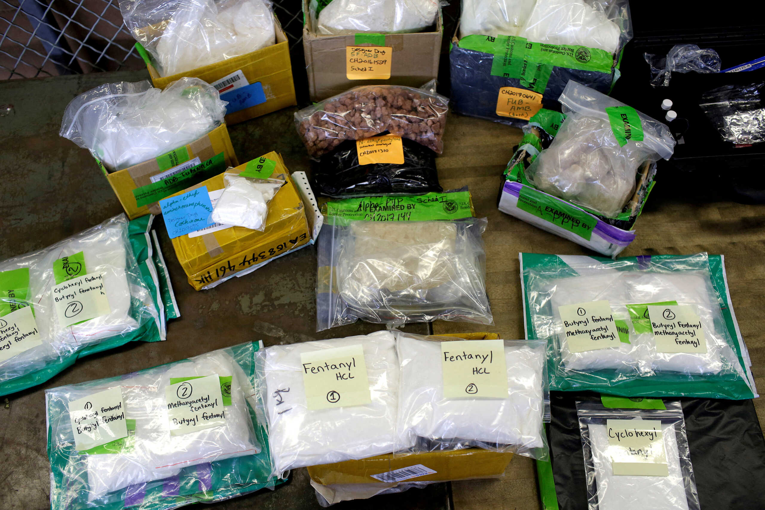 FILE PHOTO: Plastic bags of Fentanyl are displayed on a table at the U.S. Customs and Border Protection area at the International Mail Facility at O'Hare International Airport in Chicago, Illinois, U.S. November 29, 2017. REUTERS