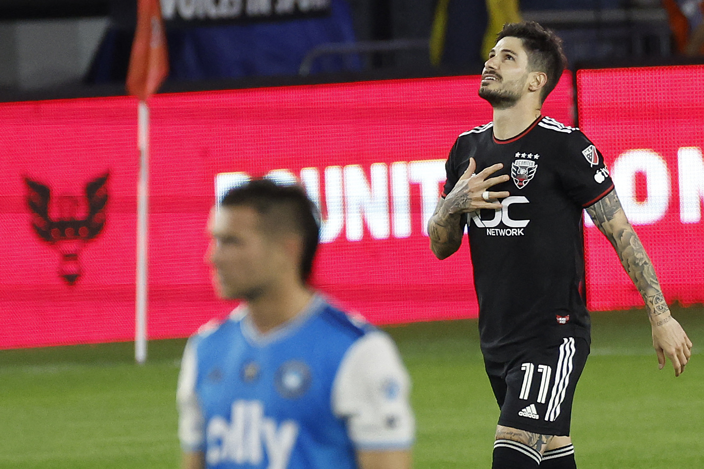 Apr 29, 2023; Washington, District of Columbia, USA; D.C. United forward Taxiarchis Fountas (11) celebrates after scoring a goal on a penalty against the Charlotte FC in the first half at Audi Field. Mandatory Credit: Geoff Burke-USA TODAY Sports
