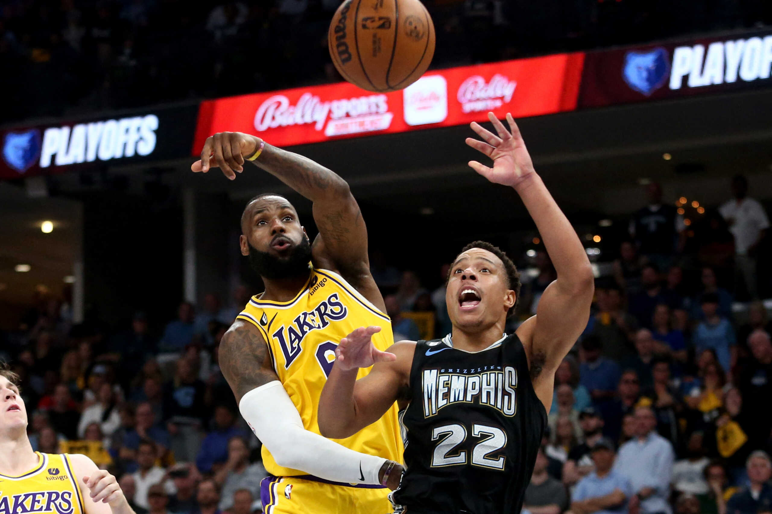 Apr 19, 2023; Memphis, Tennessee, USA; Los Angeles Lakers forward LeBron James (6) blocks the shot of Memphis Grizzlies guard Desmond Bane (22) during the second half during game two of the 2023 NBA playoffs at FedExForum. Mandatory Credit: Petre Thomas-USA TODAY Sports
