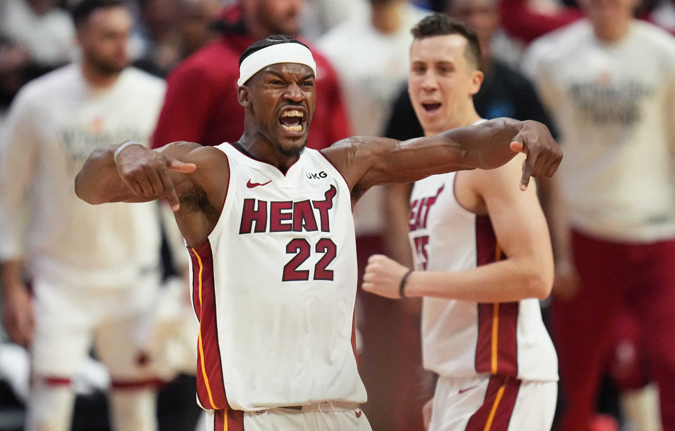 Apr 24, 2023; Miami, Florida, USA; Miami Heat forward Jimmy Butler (22) celebrates after making a shot against the Milwaukee Bucks in the fourth quarter during game four of the 2023 NBA Playoffs at Kaseya Center. Mandatory Credit: Jim Rassol-USA TODAY Sports