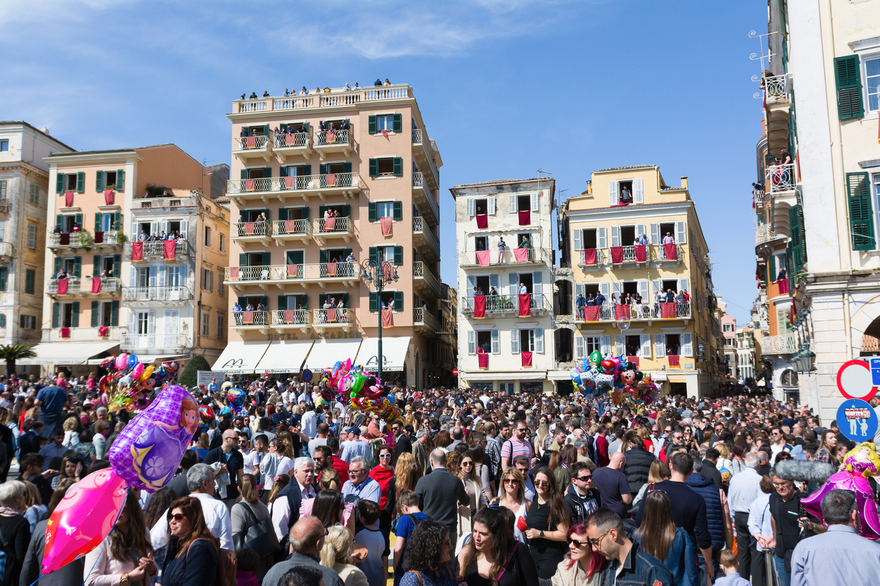 Corfu, Greece - April 7, 2018: Corfians throw clay pots from windows and balconies on Holy Saturday to celebrate the Resurrection of Christ. Easter pot smashing